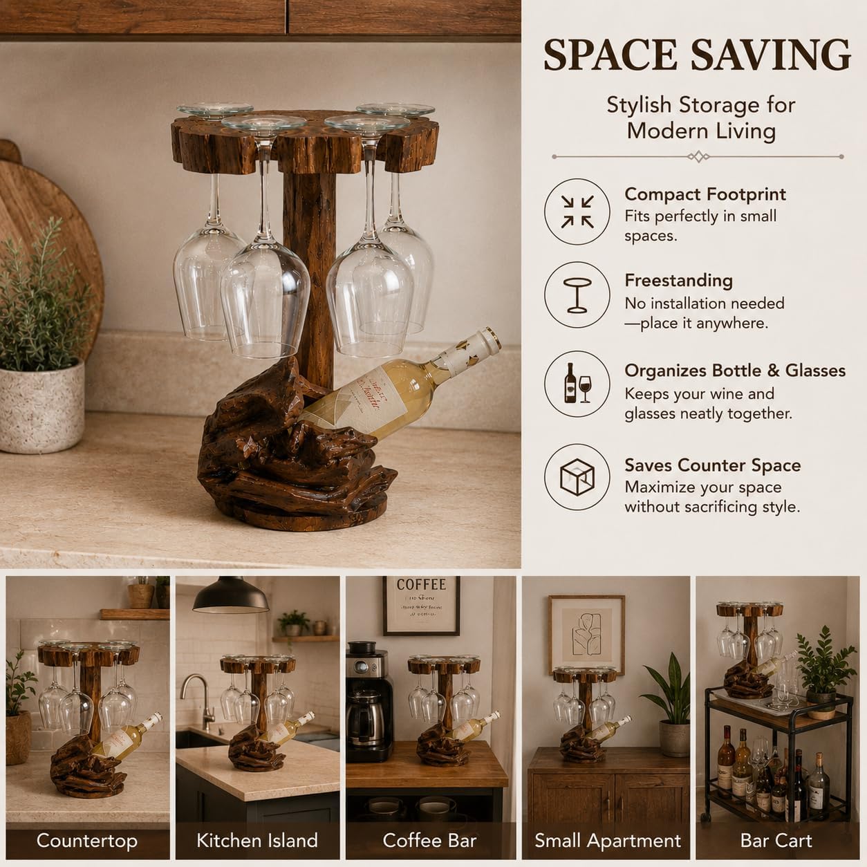Handmade Solid Teak Wood Wine Holder with Stemware Storage, Round Countertop Wine Rack, Holds 1 Wine Bottle & 4 Wine Glasses, Rustic Home Bar Display image 5