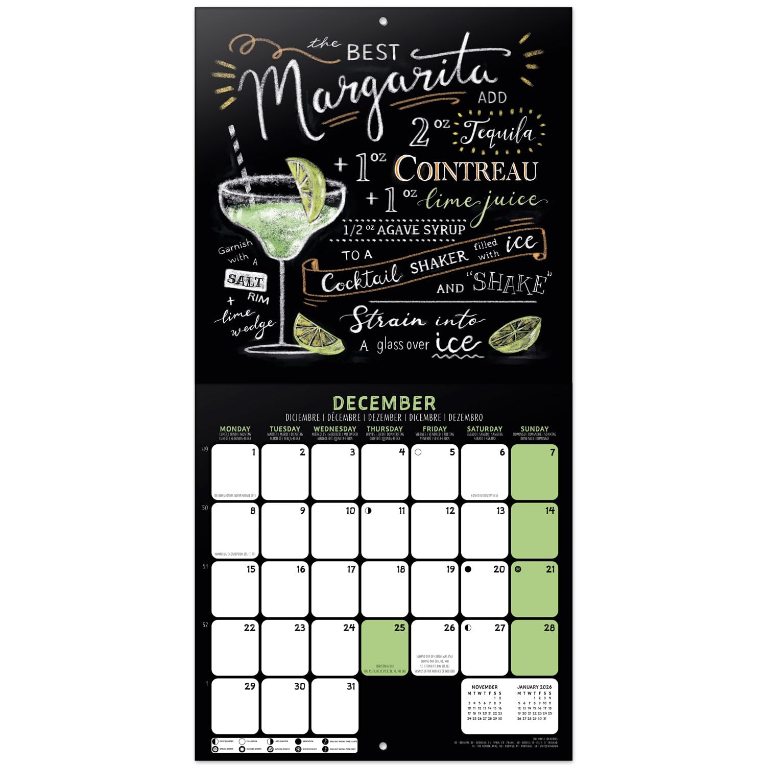 Grupo Erik - Calendrier Mural 2026 Cocktails | Calendrier Mensuel 2026- 30x60cm - De Janvier à Décembre