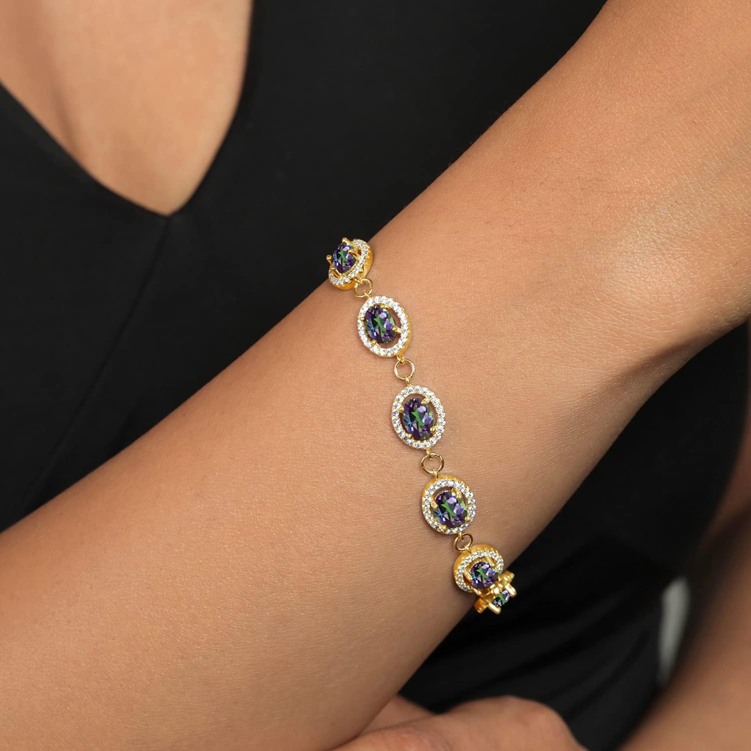 Gem Stone King 18K Yellow Gold Plated Silver 7X5MM Oval Gemstone Birthstone Tennis Bracelet For Women | Size 7.5 Inch | Fine Jewelry Gifts for Women Her Mom Wife