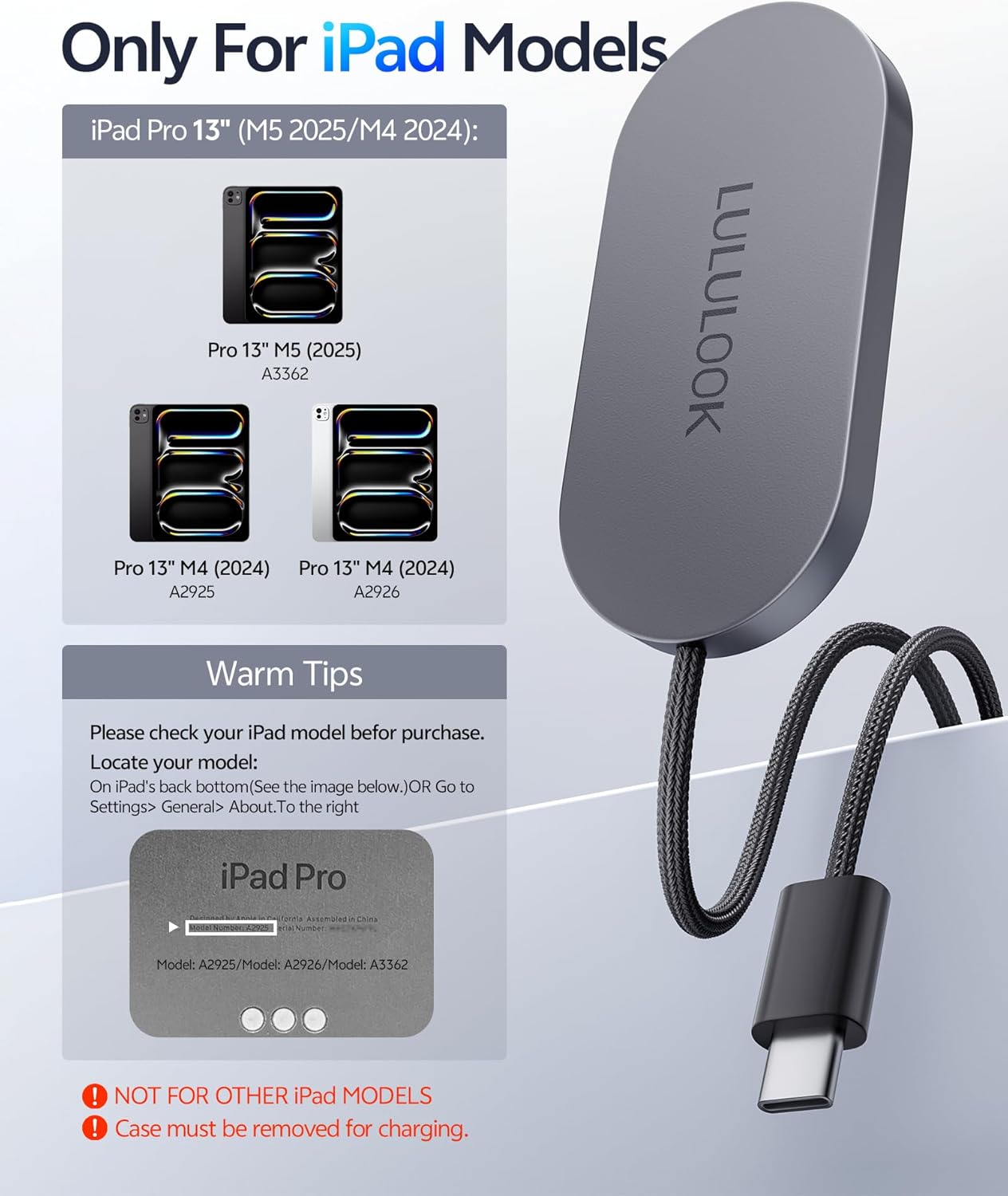 LULULOOK Magnetic Wireless Charger Cord for iPad Pro 13" M5 / M4 ONLY, 35W Aluminum Alloy Charger Fast Charing for iPad Pro 13 inch M5/M4 with 6.5ft USB-C Cable