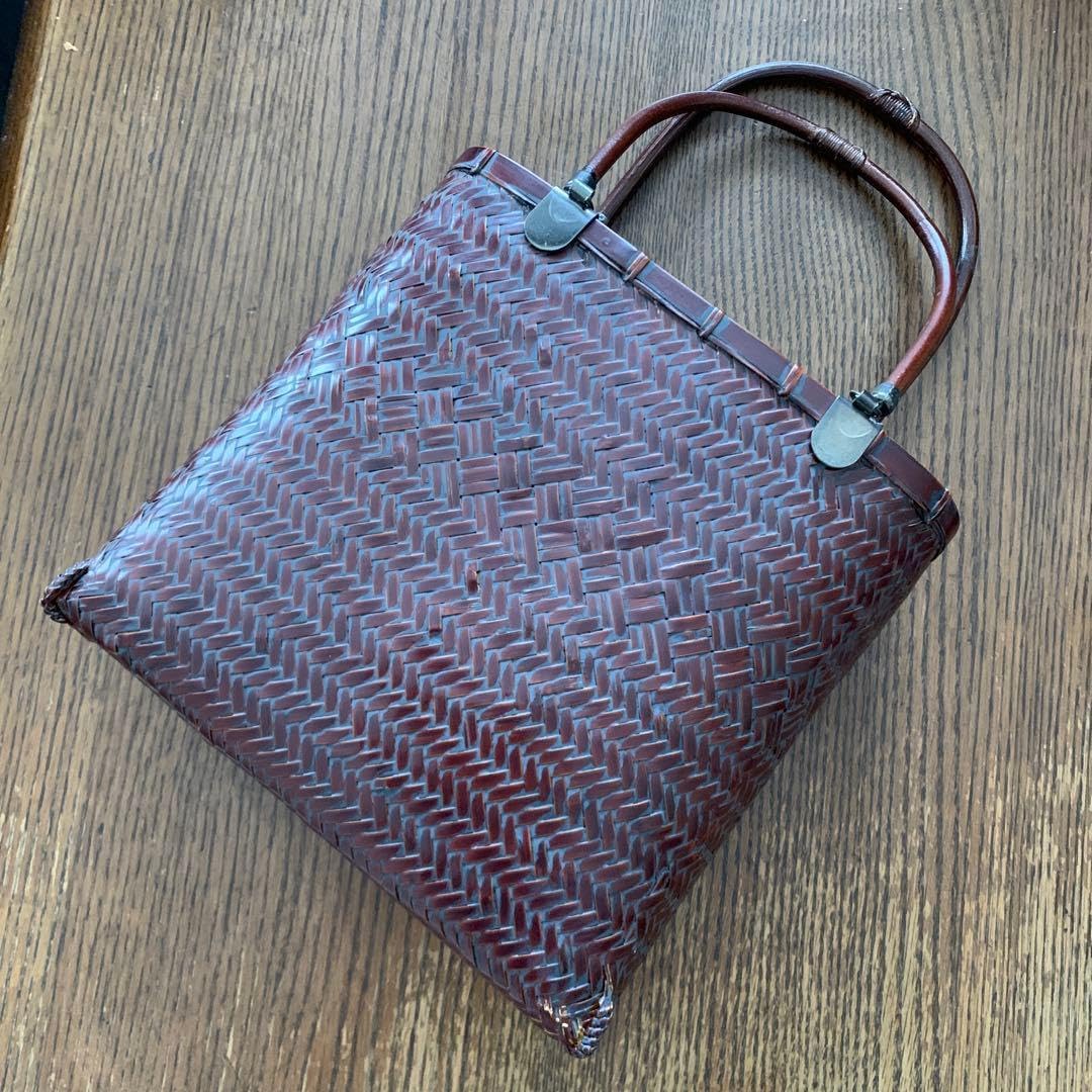 竹編みレザー2WAYバッグ レディース 手作り 自然素材 和洋兼用 軽量 上品 手提げ 肩掛け ショルダー 竹組細工 籠バッグ 手提バッグ ブラウン