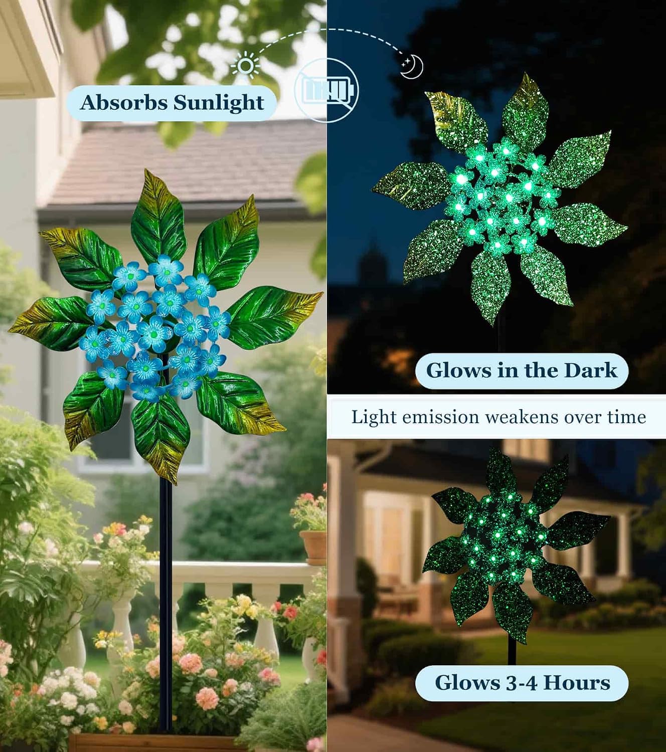 Solar Glow Garden Wind Spinner Outdoor, 13" W Flower Metal Wind Spinner & Sculptures with Fluorescent Coating, Kinetic Windmill for Yard Lawn Patio Decor, Blue