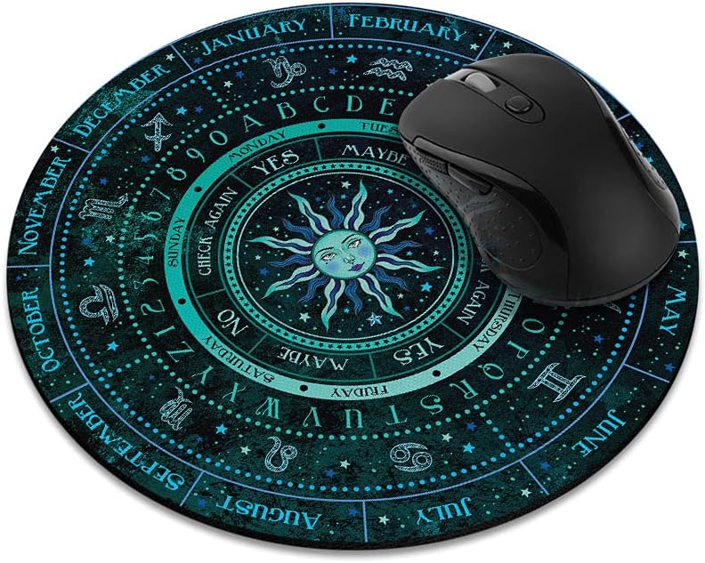 Non-Slip Round Mousepad, WIRESTER Pendulum Board Design Mouse Pad for Divination Metaphysical Message Wiccan Altar Witchcraft, Celestial Sun Stars Turquoise Blue