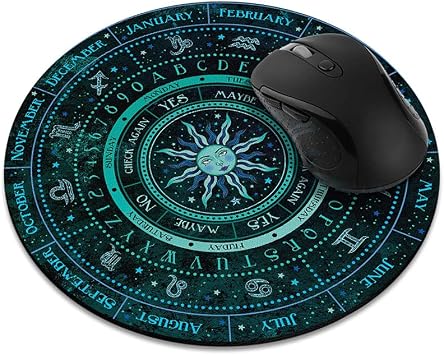 Non-Slip Round Mousepad, WIRESTER Pendulum Board Design Mouse Pad for Divination Metaphysical Message Wiccan Altar Witchcraft, Celestial Sun Stars Turquoise Blue