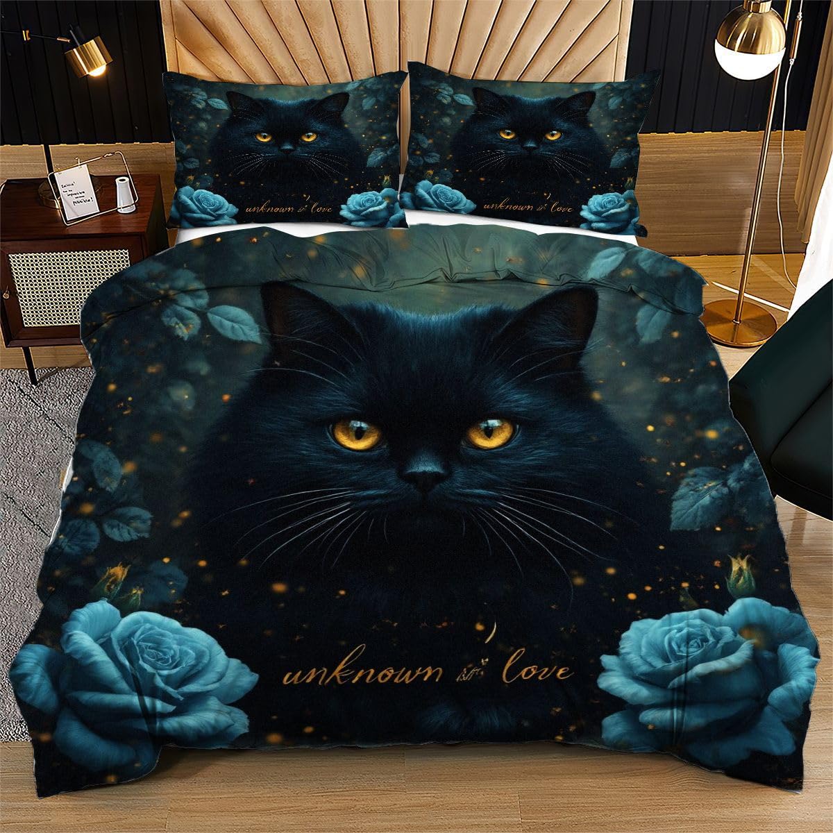 Funda nórdica de gato negro infantil para cama individual reversible