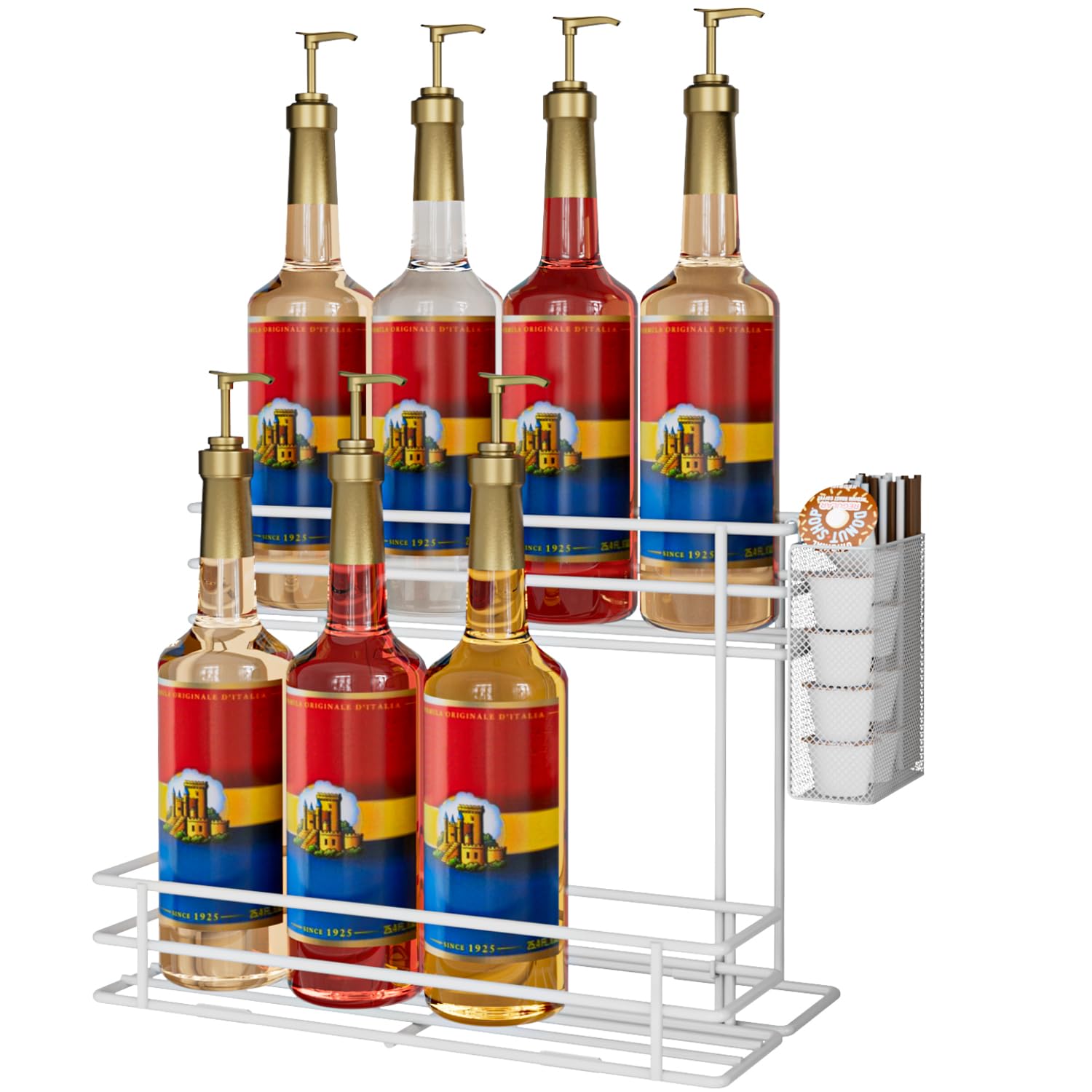 OVICAR Support de rangement pour sirop de café – 8 supports pour bouteilles de café et accessoires de station, 2 niveaux de rangement pour sirop, vin et vinaigrette – Blanc