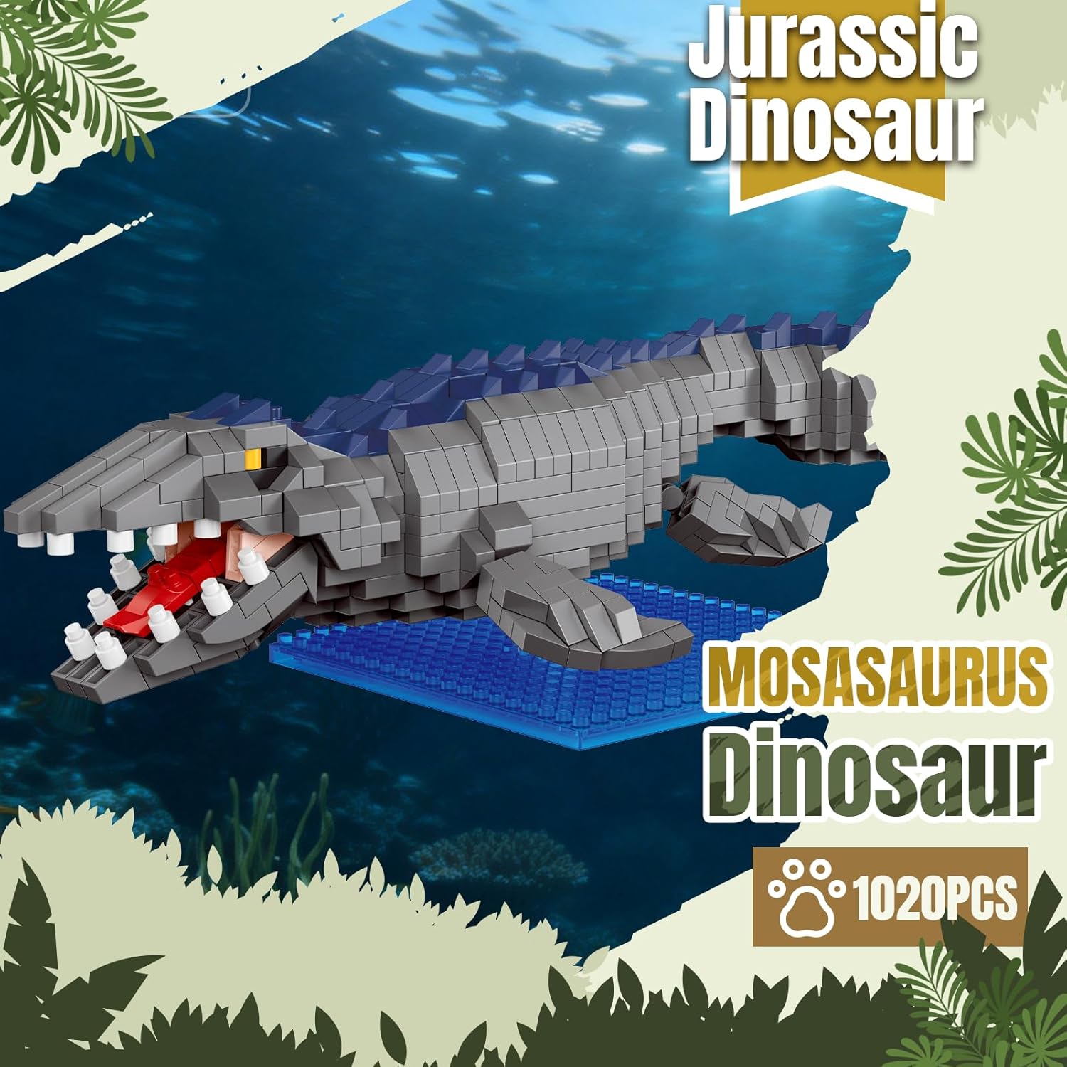Mosasaurus Dinosaur Building Sets Easter Micro Brick Sea Reptile Model with Display Base 1020 Pieces Detailed Prehistoric Build Christmas Birthday Ages 14+