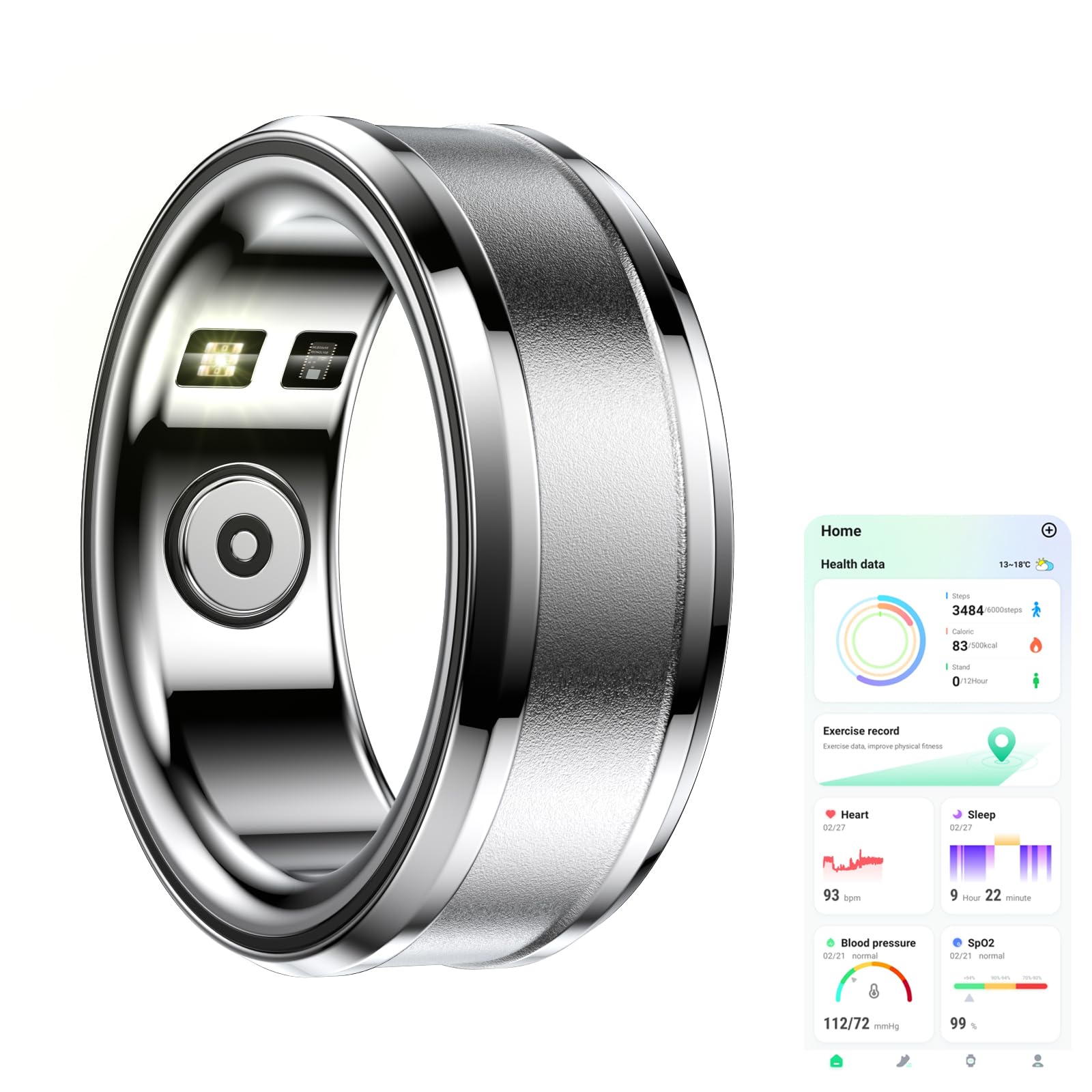 LZUEFK Anillo Inteligente Salud Fitness Tracker para Hombre Podómetro Deporte Monitor de sueño, IP68 Bluetooth Anillo Tracker Plata Silver US11