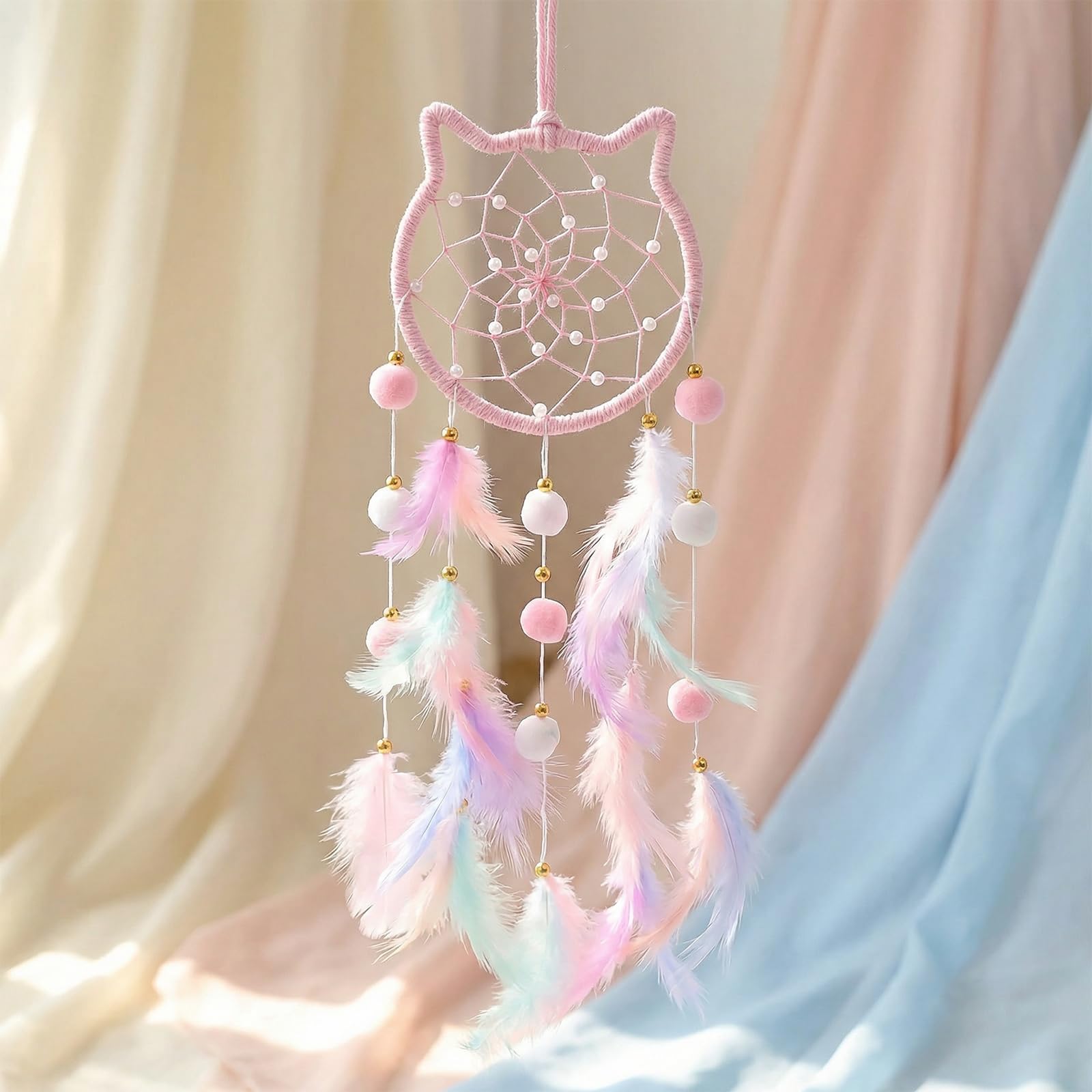 Tivleed Girls Pink Dream Catcher - Cat Shape With Feathers, Bedroom Wall Decor, Bohemian Room Hanging For Teen