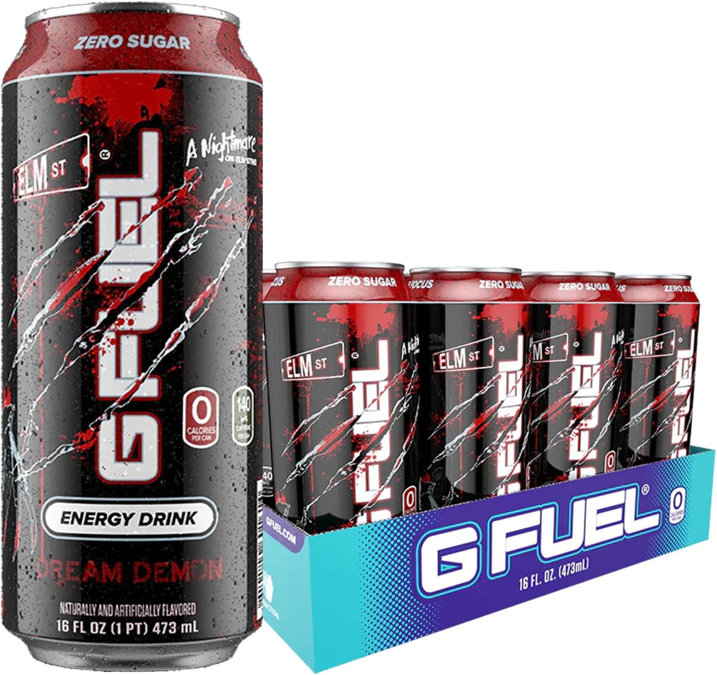 G Fuel Energy Drink, Fruit Punch, Sugar Free Beverage with 140mg Caffeine, Daily Energy Boost with Focus Amino, Vitamin + Antioxidants, 16 oz Cans (Nightmare on Elm Street, 12-Pack)