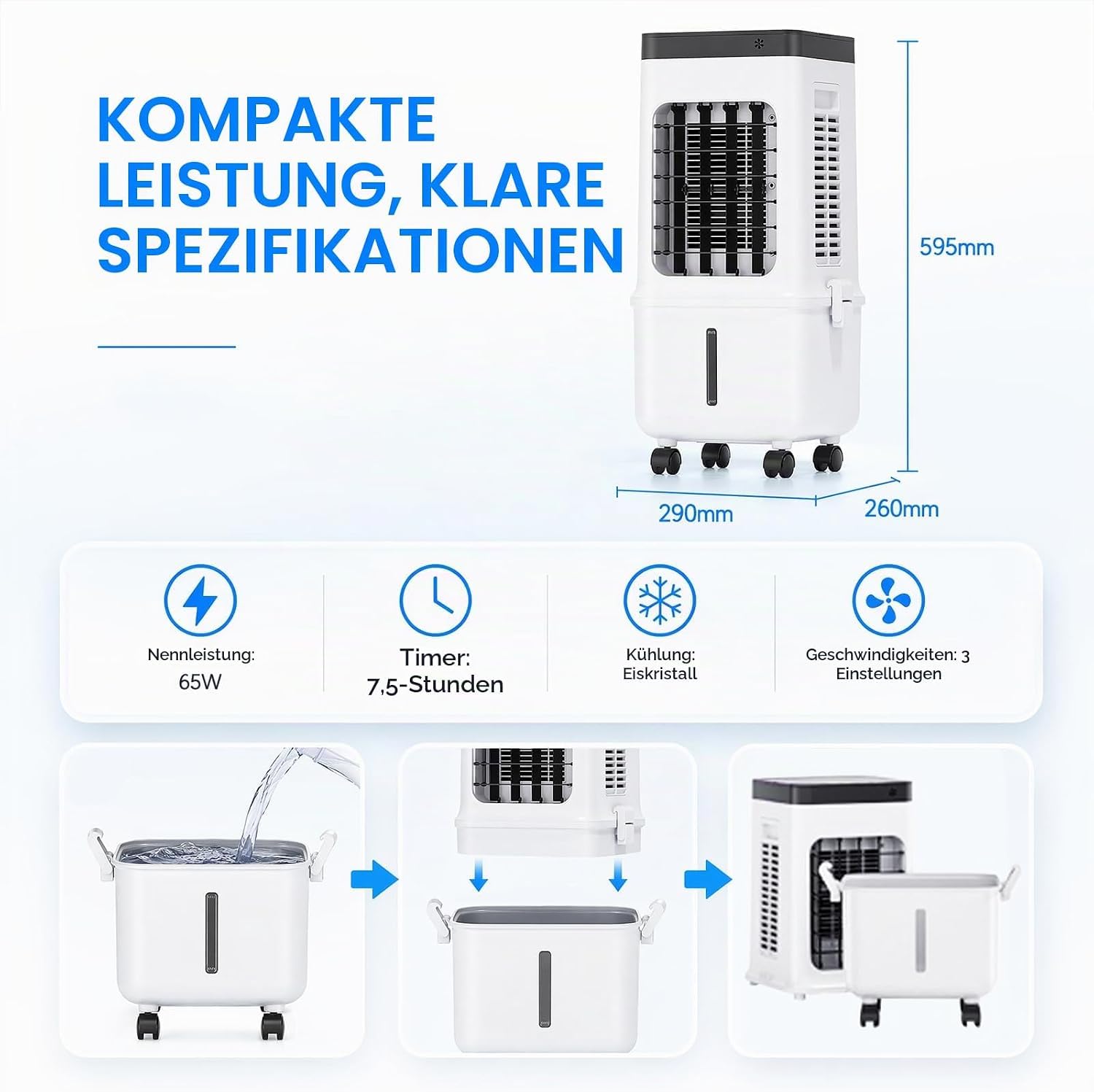 Verdunstungskühler 7,5L ohne Abluftschlauch, mobiler 4-in-1 Luftkühler