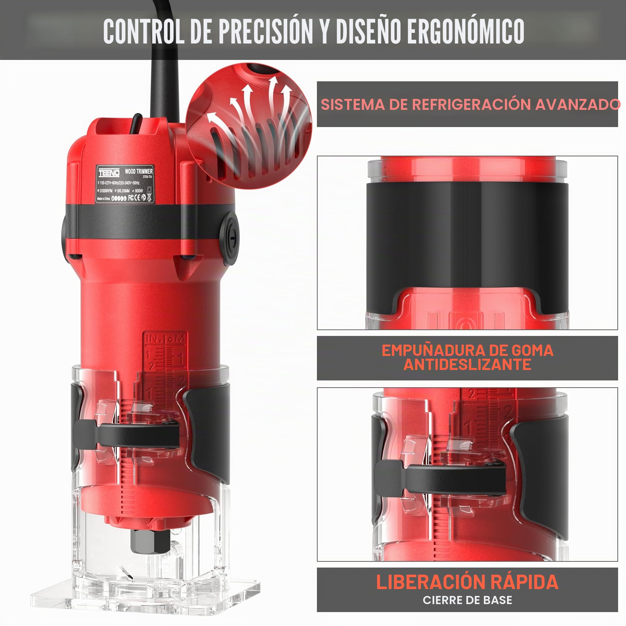 TEENO Fresadora De Madera Rebajadora Eléctrica 800W 31000 RPM CON EXTRACTOR DE POLVO, Fresadora EléCtrica Para Madera Con 15 piezas 1/4'' Alicates, Brocas de base fija de 6/6.35 mm