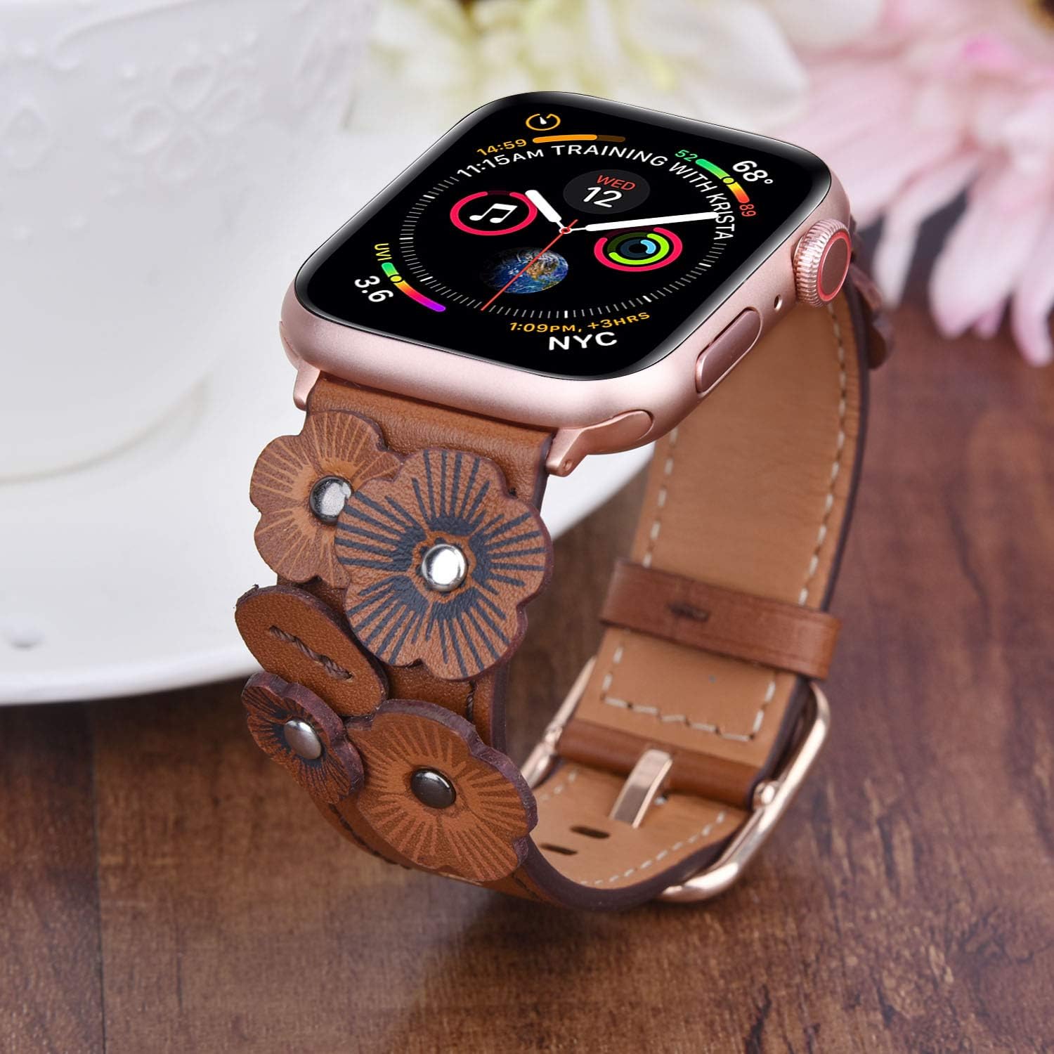 V-MORO Flowers Leather Bands Compatible with Apple Watch Bands 38mm 40mm Series 5/4/3/2 with Stainless Steel Buckle Rose Gold Replacement Strap Wristbands Women (Vintage Brown-38mm)