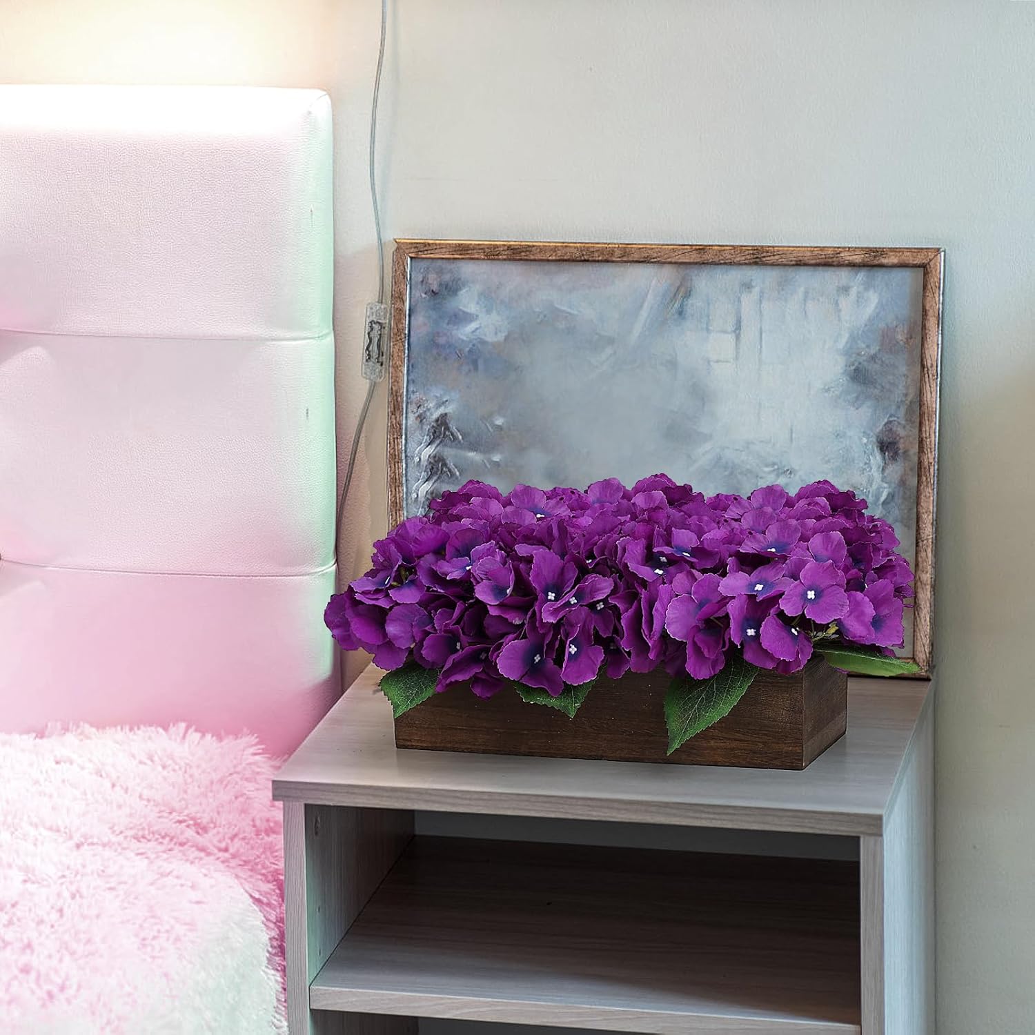 Pre-Made Flower Table Centerpiece, Artificial Hydrangea Arrangements Centerpieces Fake Flowers Decor Wood Tray Faux Flower Wedding Bouquets Room Kitchen Farmhouse Indoor Office Party(Purple) - Image 6