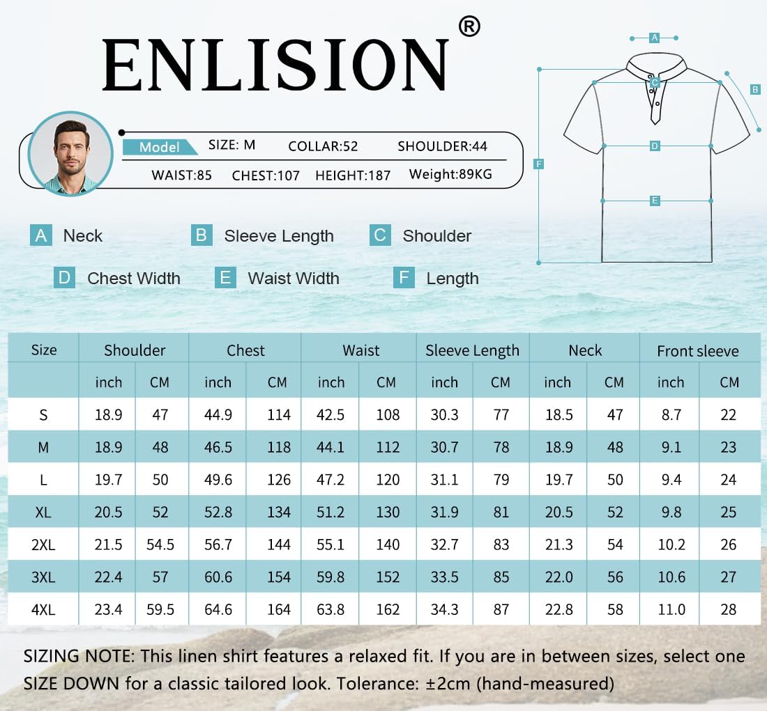Enlision Chemise Lin Homme Manches Courtes Col Mao Chemise Été Hommes Leger en Coton Lin Chemise de Plage Classique Casual Henley Shirt S-4XL