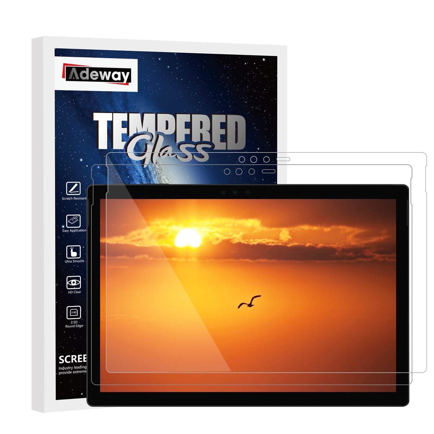 Adeway[2 Pack Tempered Glass Screen Protector for Microsoft Surface Pro 6-5-4, HD Clear, Precisely cut, Scratch Resistant, High Responsivity, 12.3 inch, No Bubble Easy Installation