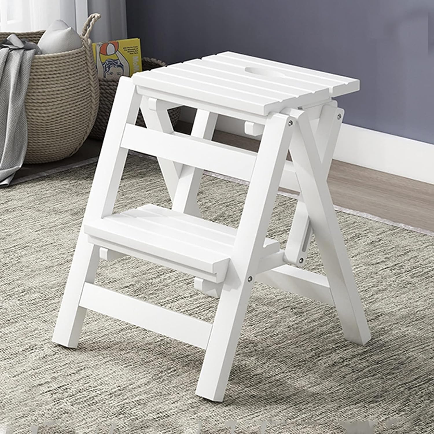 Ladder Stool Combination, Folding Ladder Chair Wooden Step Stool Portable Stepladder Home Library Climb Ladder Foldable Kitchen Step, White