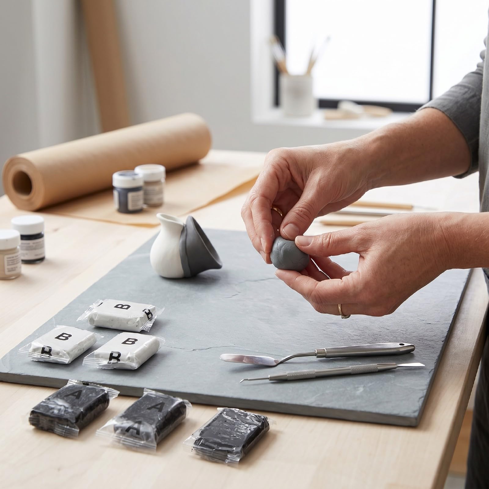 Pssopp Argilla da Scultura, Bianco Grigiastro | Mastice plastico modellabile, composto da modellare autoindurente, per la riparazione di sculture su metallo, piastrelle di