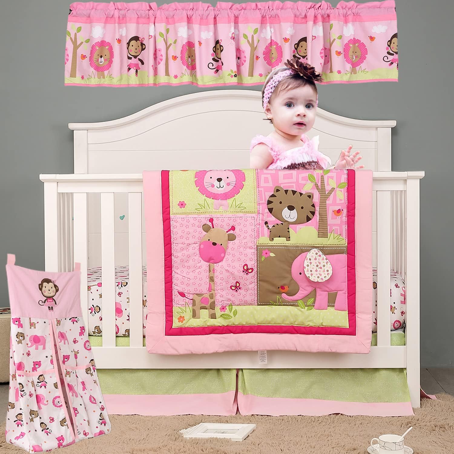 Pink Animal Safari Nursery Crib Bedding Set Baby Girl 6 PCs Crib Animal Crib Bedding Set 2 Window Valance 2 Fitted Sheet 1 Quilt 1 Skirt, Pink , Green , Brown, 28 x 52 inch, JAH-PACS6001