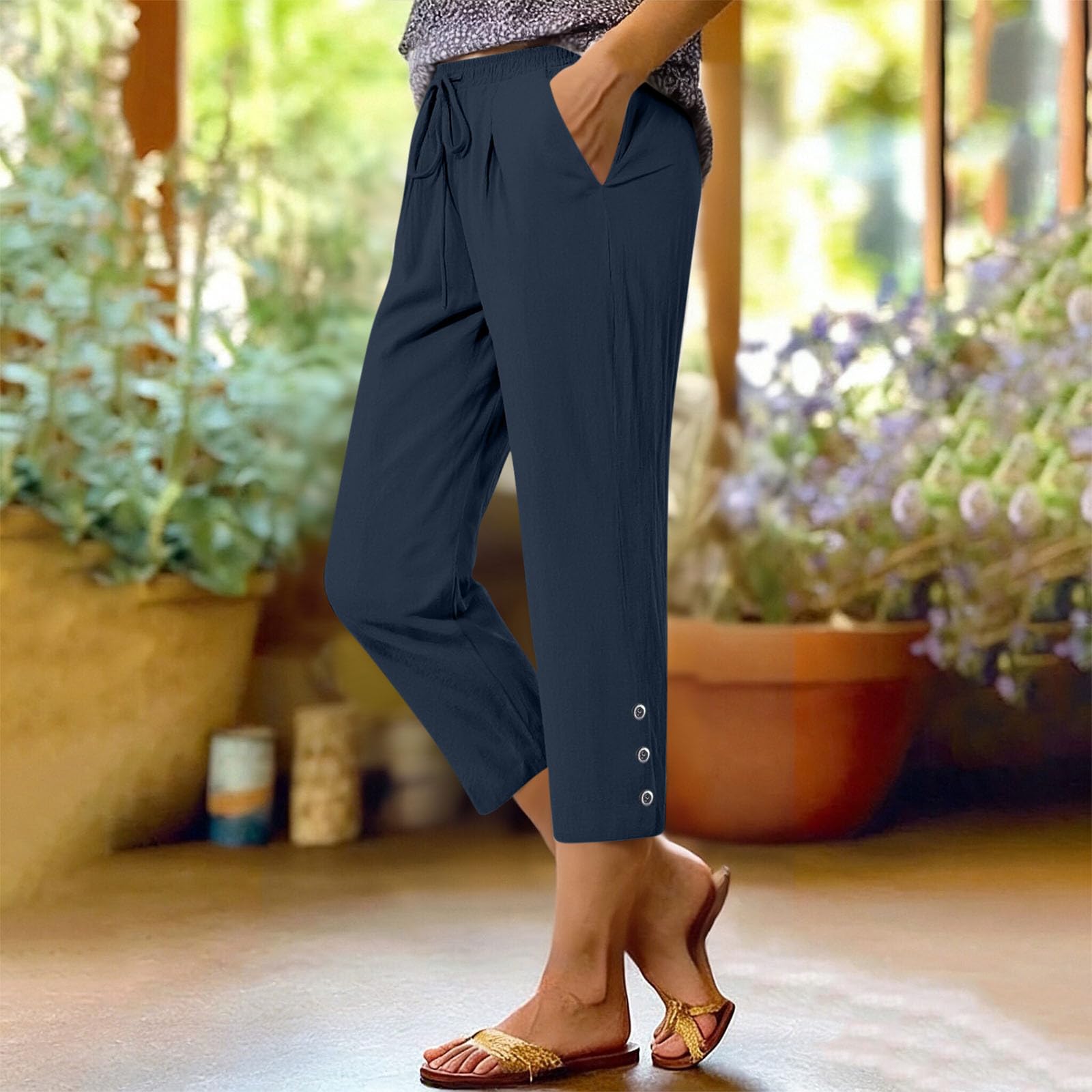 Summer Cotton Linen Capri Pants for Women High Waist Drawstring Straight Leg Capris Casual Beach Cropped Lounge Pant - 2