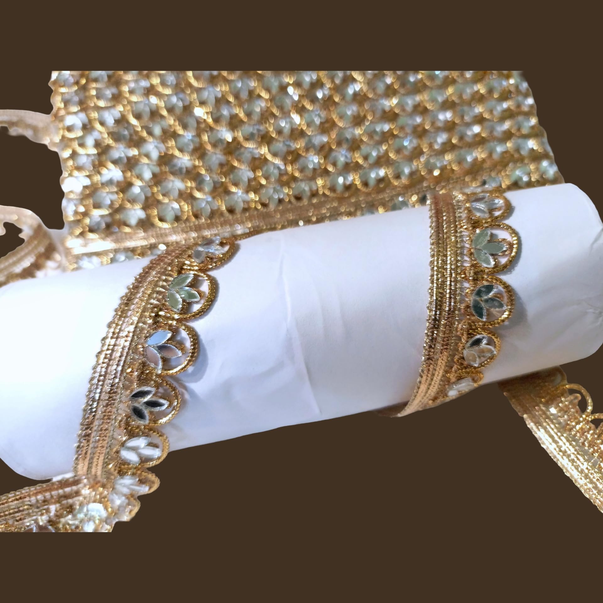 Lacesnmore mirror lace golden tilak shape sleek design Mirror Laces Border for Women's Dresses, Dupatta, Bridal Dresses, Saree, Lehengas, Palazzo, Anarkali Suits, Blouses, Craft and Home Decor 9mtr (Anmol golden)