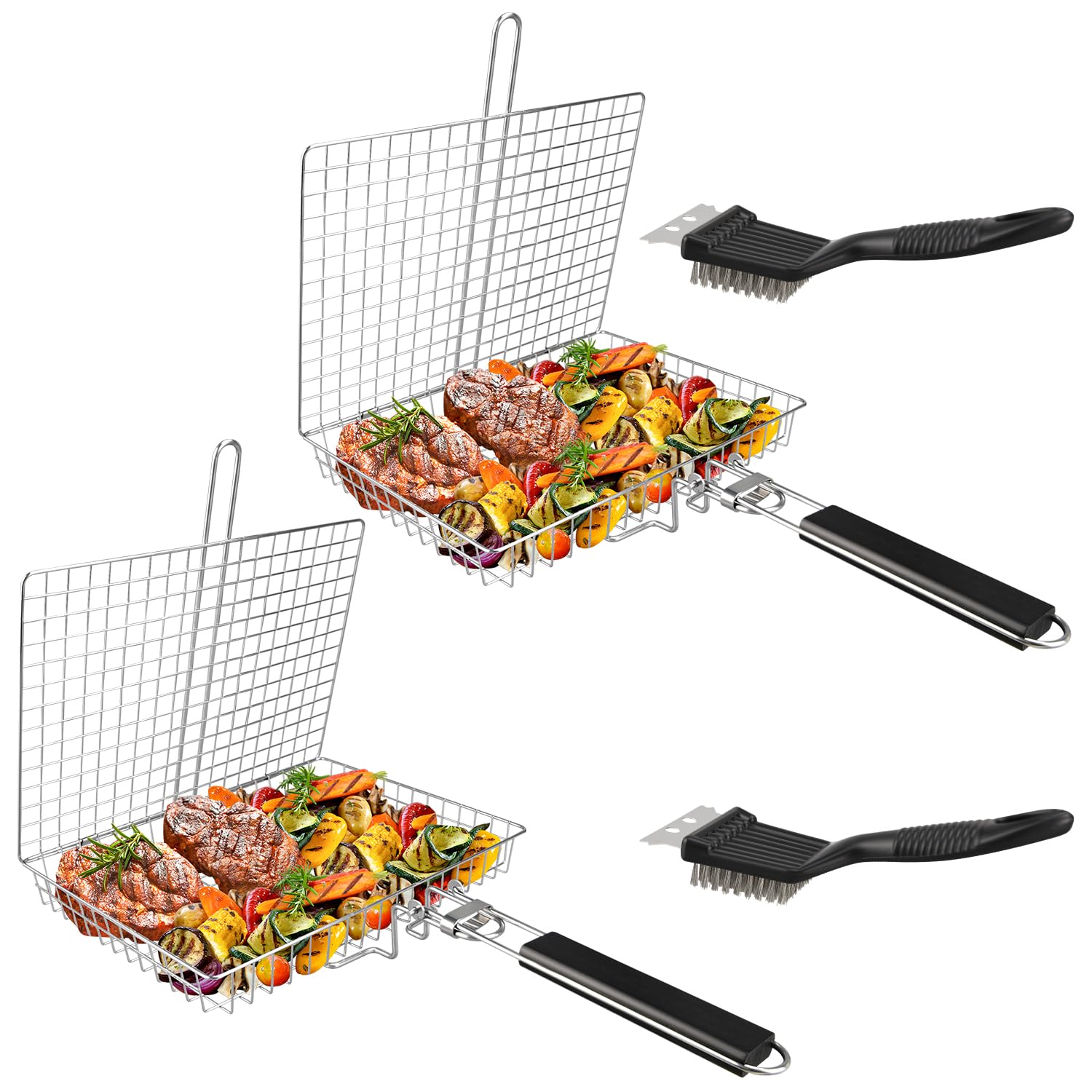 Cesta para parrilla, cesta de parrilla con cepillo de limpieza de parrilla, cesta plegable de acero inoxidable, para pollo, carne, filetes, chuletas (2 cestas grandes para parrilla + 2 cepillos)