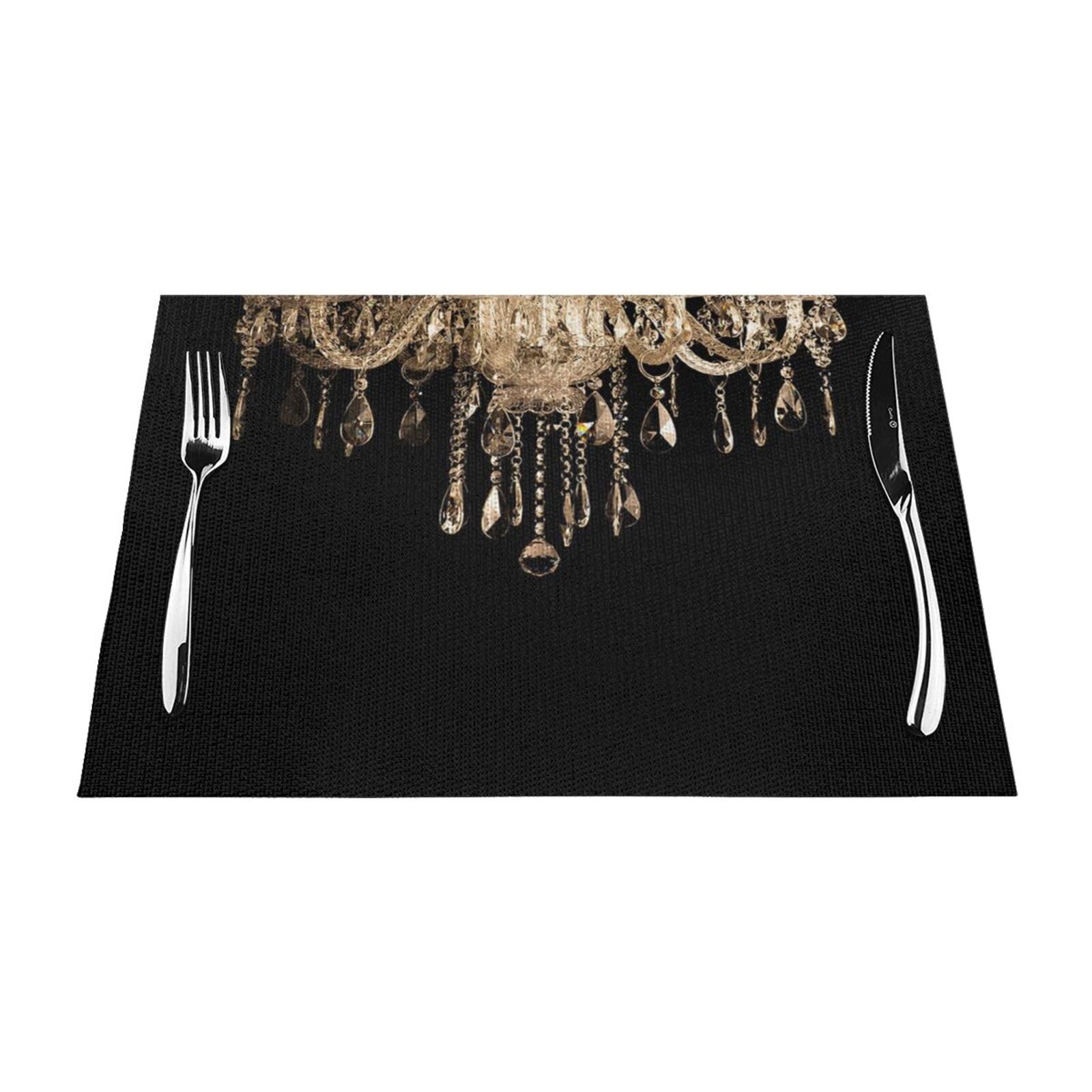 Dehiwi Black Gorgeous Crystal Chandelier Placemats Set Of 6 Pcs, Heat Resistant Non-Slip Place Mats For Dining Table, Washable Durable Pvc Vinyl Woven Table Mats