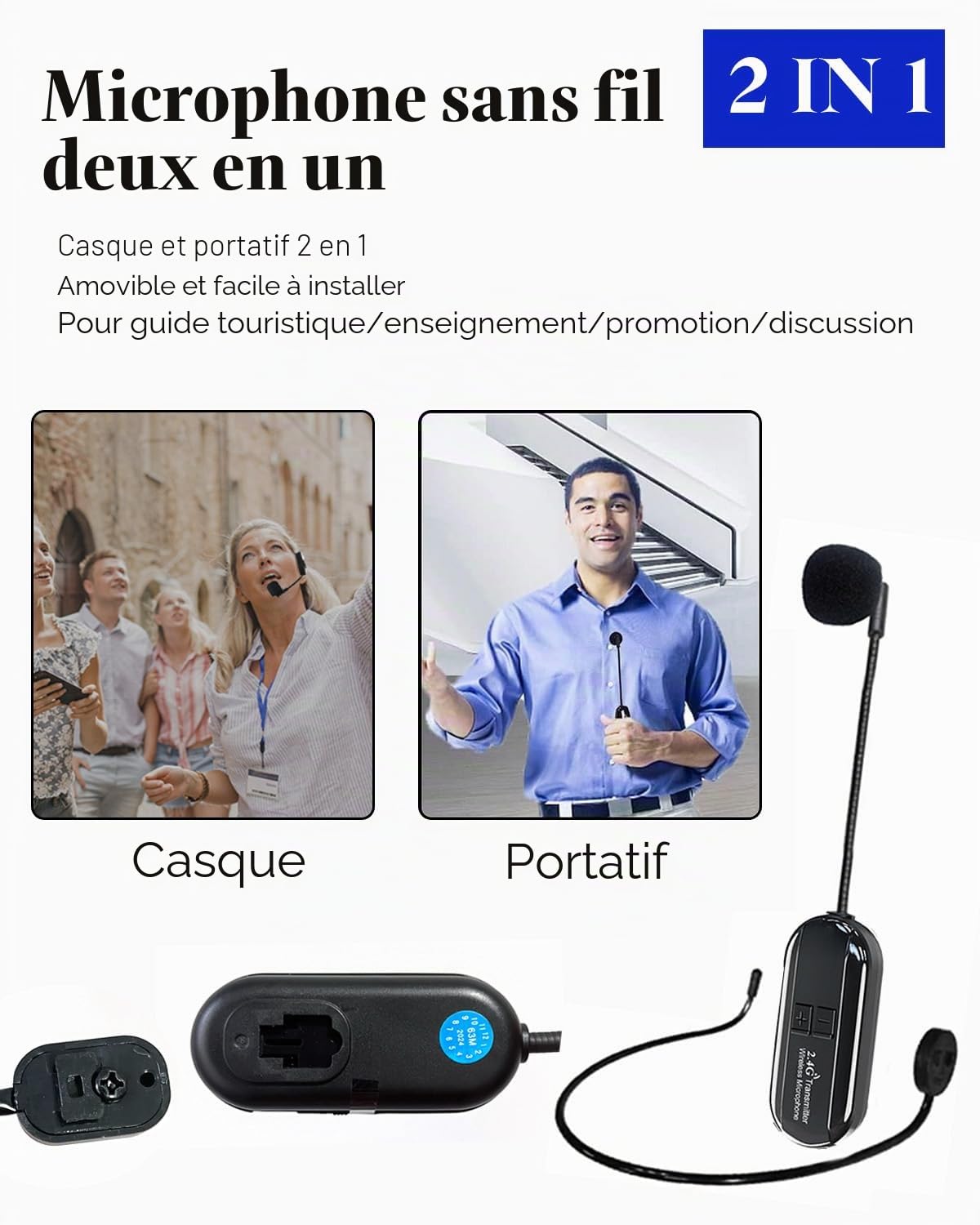 Microphone 2.4G Sans Fil, Casque pour Guide Touristique/Enseignement Discours, Transmission Sans Fil jusqu'à 50m