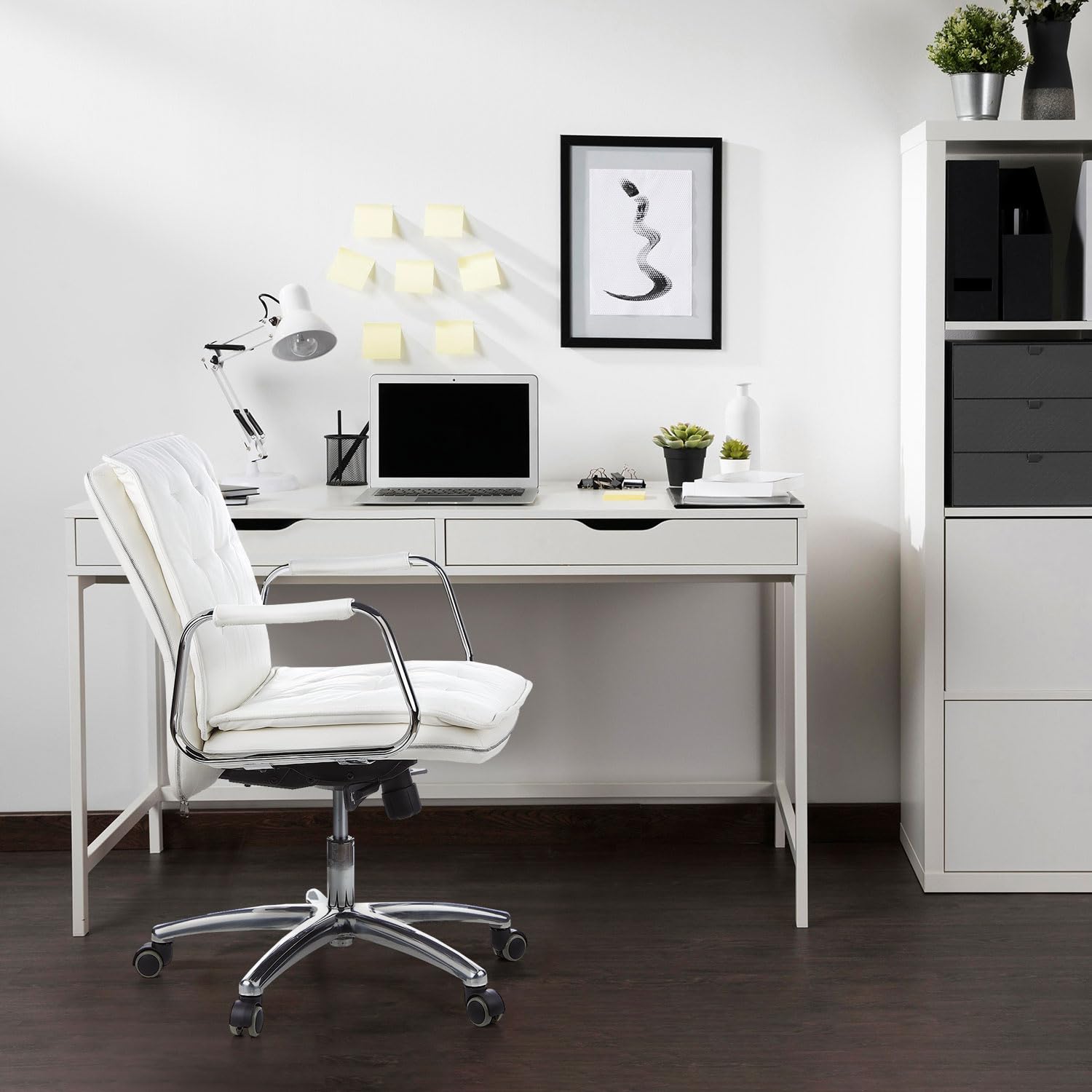 hjh OFFICE 600932 Silla de dirección Villa 10 de Cuero Blanco Silla de Oficina, Respaldo Medio, Regulable en Altura