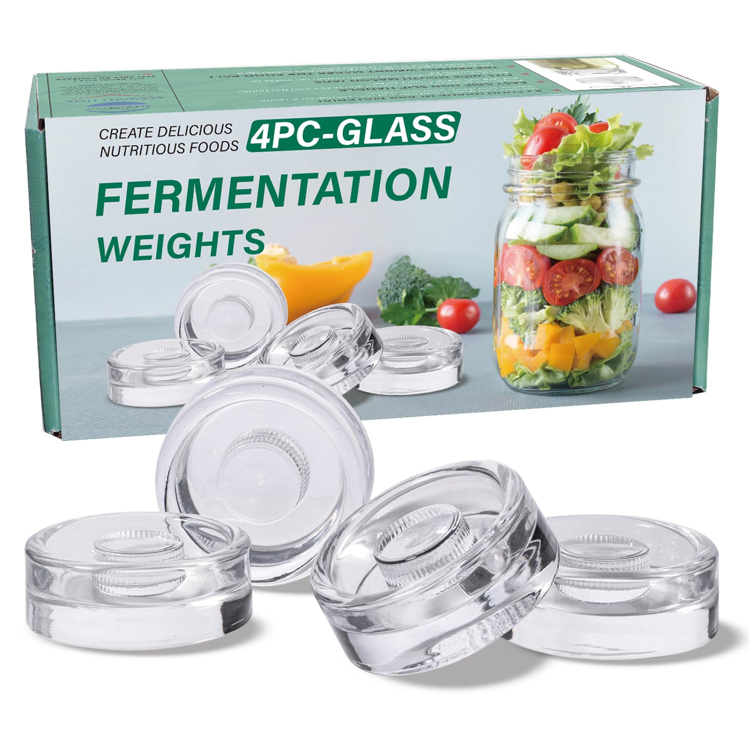 Eleganttime Fermentation Glass Weights with Easy Grip Grooved Handles Heavy Fermenting Lids Kit For Wide Mouth Mason Jar (Glass Weight-4Pcs)