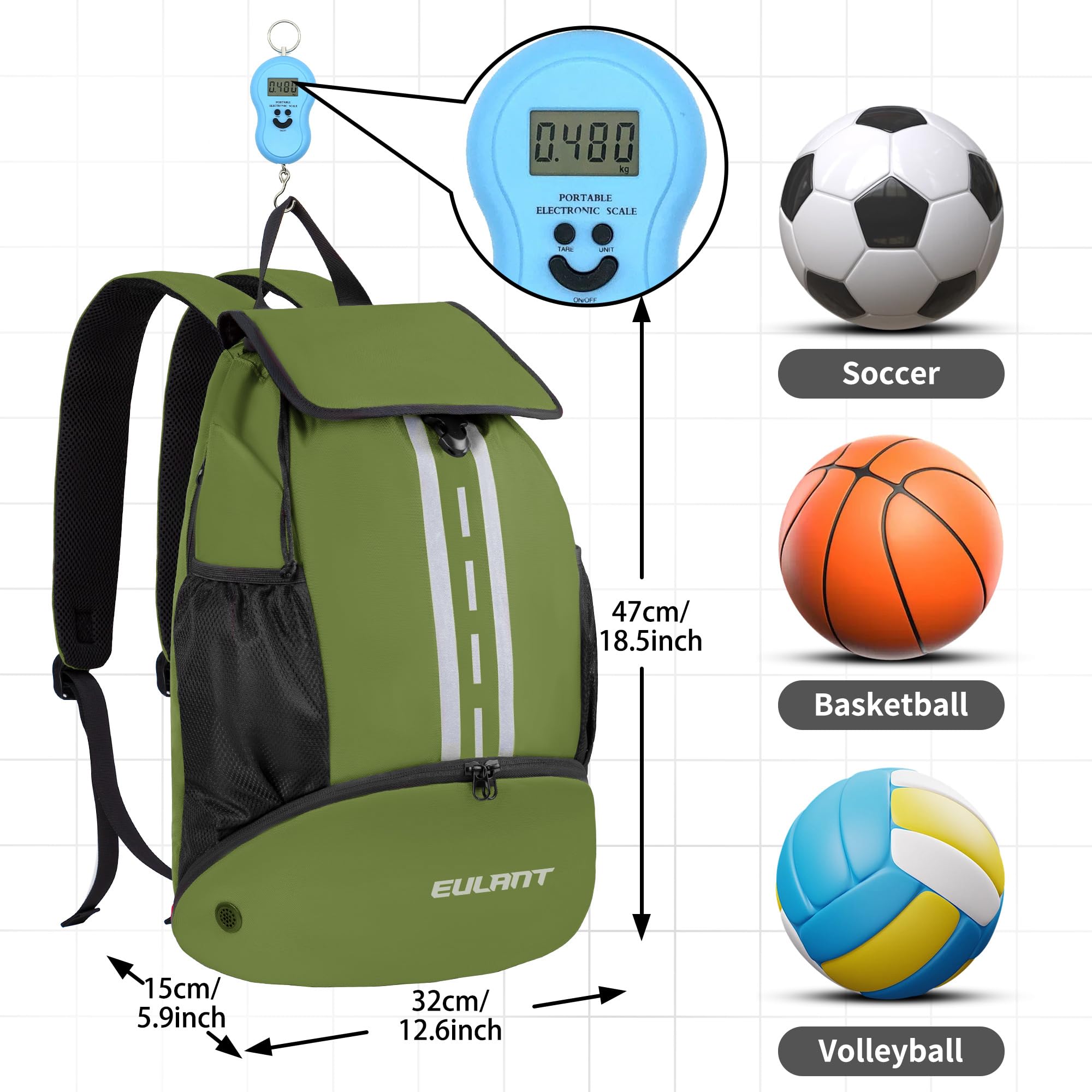 EULANT Sac à Dos de Football Amélioré avec Compartiment à Chaussures, Sac à Dos Multifonction avec Compartiment Inférieur, Sacs de Sport Imperméables pour Basket-Ball Natation Camping Entraînement