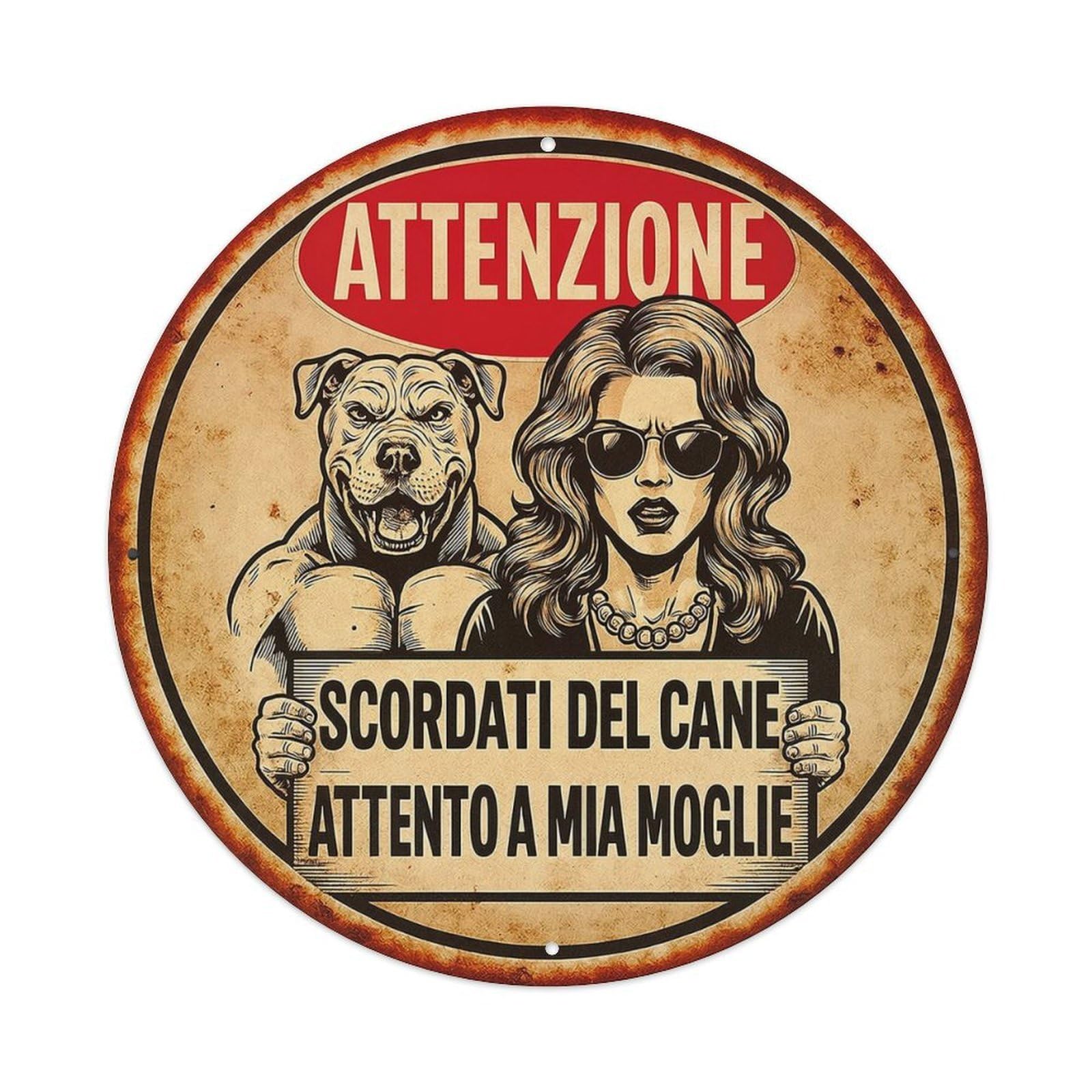 Attention Sign With Dog And Woman Metal Tin Sign Plaque