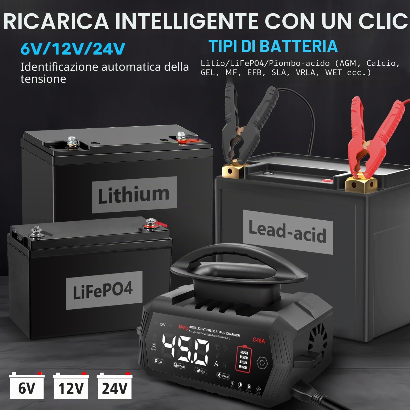 Haisito, caricabatterie intelligente da 45 A, 6 V/12 V/24 V, con display LCD, manutenzione della batteria, carica di mantenimento e solfatazione per AGM, litio, LiFePO4, acido piombo (moto, camper