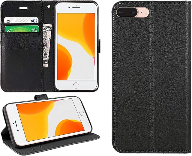 DN-Technology iPhone 7 Plus Case, iPhone 8 Plus Case, Flip Folio Case PU Leather Book Phone Cover, Wallet Stand Feature Magnetic Closure ID Card Holder Slot case, For iPhone 7/8 Plus Case (BLACK)