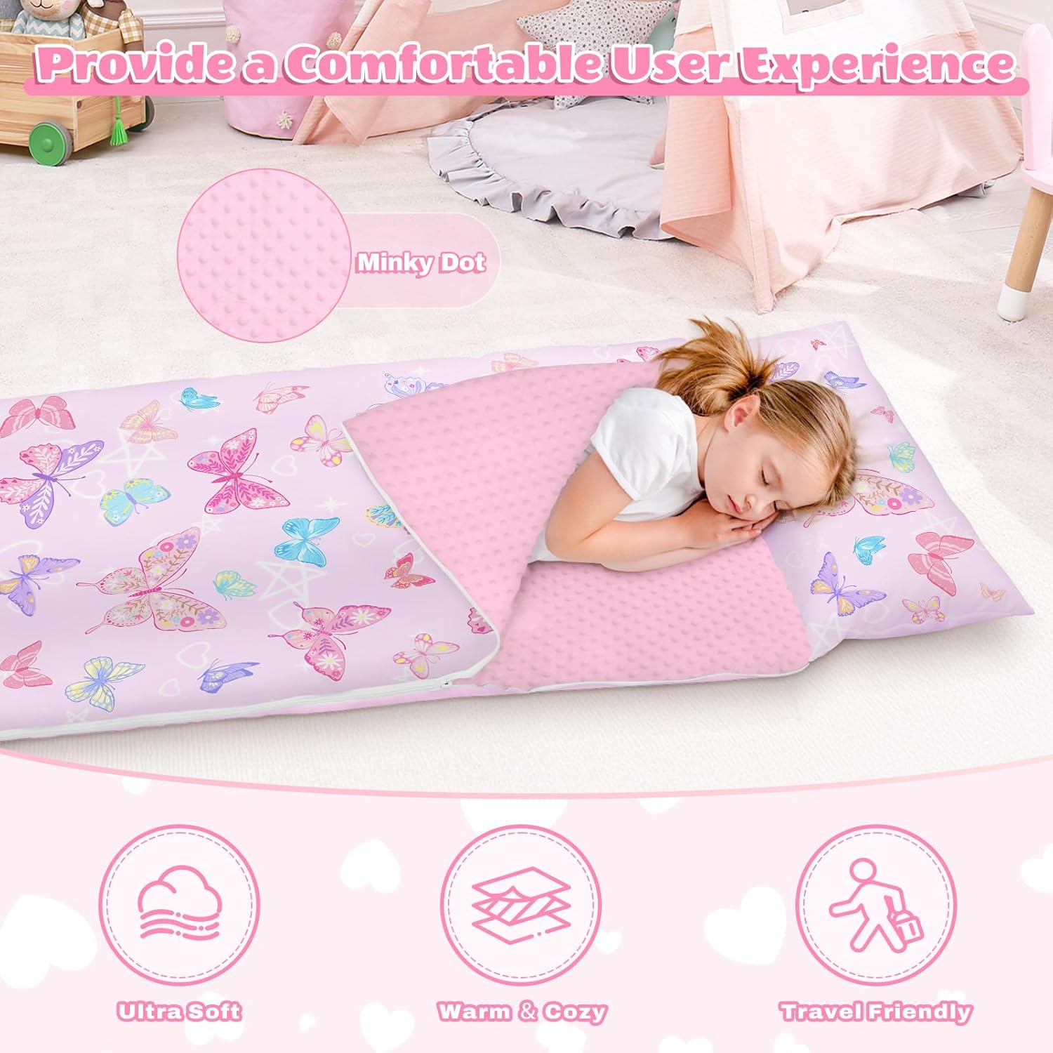 Toddler Nap Mat Sleeping Bag with Removable Pillow, 59" x 24" Kids Roll Up Portable Slumber Mat for Daycare, Kindergarten, Camping – Lightweight, Soft & Easy to Clean for Girls and Boys