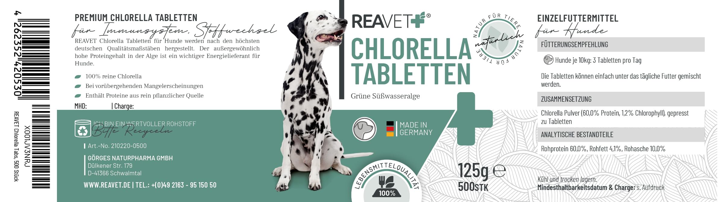 ReaVET Comprimés de chlorella pour Chiens 500 pièces - Haute Dose de qualité Alimentaire, Les microalgues soutiennent la Peau et Le Pelage