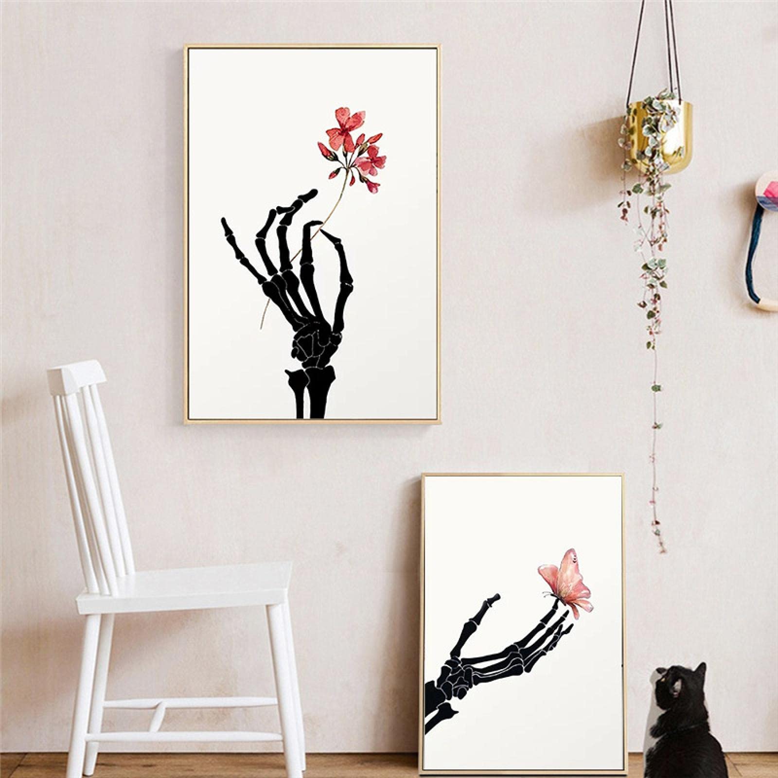 Yooyu Mano de Esqueleto con Flor Mariposa Cartel de Arte de Pared Negro Blanco Abstracto Lienzo Pintura Sala de Estar decoración del hogar 55x80cmx2 Marco Interno