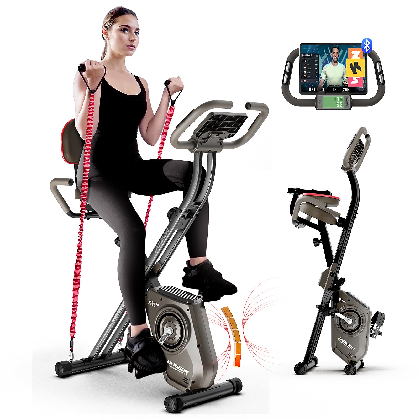 HARISON Folding Exercise Bike 350 LBS Capacity, in Bluetooth Stationary  Bikes for Home with 16-Level Resistance and Arm Resistance Bands, Magnetic