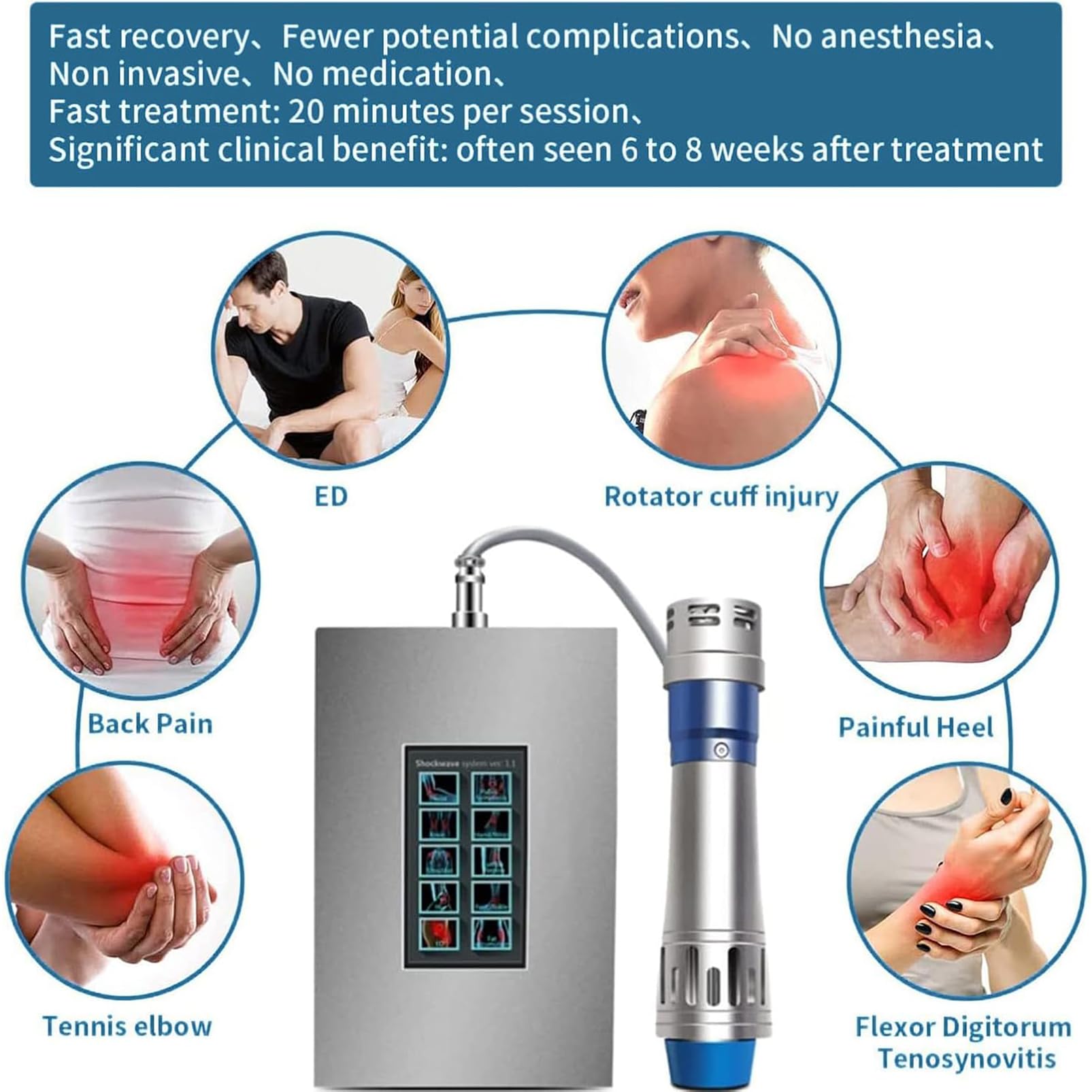 Dispositivo per terapia ad onde d'urto multifunzione per la rigenerazione dei tessuti muscolari e ossei, massaggiatore per muscoli del corpo con 7 teste per alleviare dolori articolari e muscolari