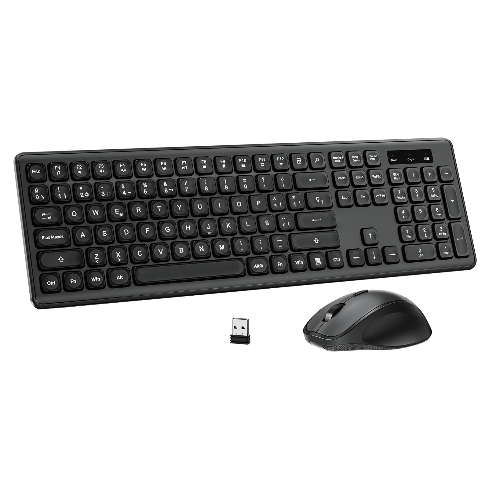 PINKCAT Teclado y Raton Inalámbrico,Botones Silenciosos, Español QWERTY,Tamaño Completo con Teclado Numérico,Ratón y Teclado Inalámbrico de 2.4 GHz per Windows,Mac,PC,Ordenador Portátil (Negro)