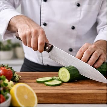 N690 Santoku Şef Bıçağı – Avusturya N690 Çelik, Ceviz Saplı, Ultra Keskin El Yapımı Mutfak Bıçağı, Et Balık ve Sebze Kesimi İçin