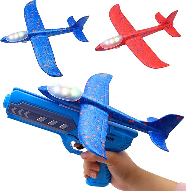 Abnaok Airplane Launcher Toy 2 Pack, Outdoor Glider Planes for Kids, Airplane Launcher Toy Airplane Toys, Outdoor Flying Toys Birthday Gifts for Boys Girls, Aeroplane Toys