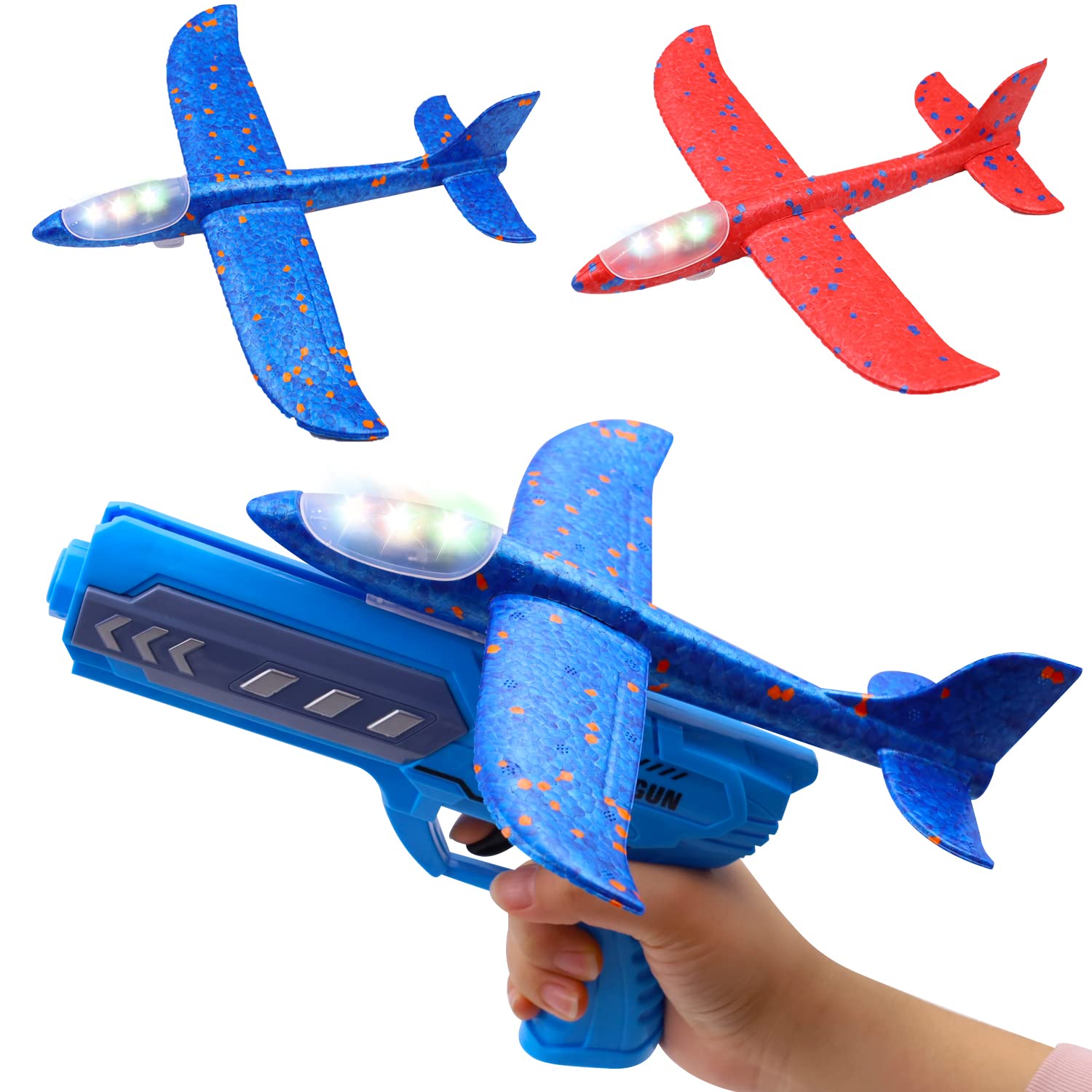 AbnaokAirplane Launcher Toy 2 Pack, Glider Plane Launcher Toy, Foam Throwing Airplane with Catapult Gun, Birthday Present Gift for Kids Age 3 4 5 6 7 8 9 10 Boys Girls