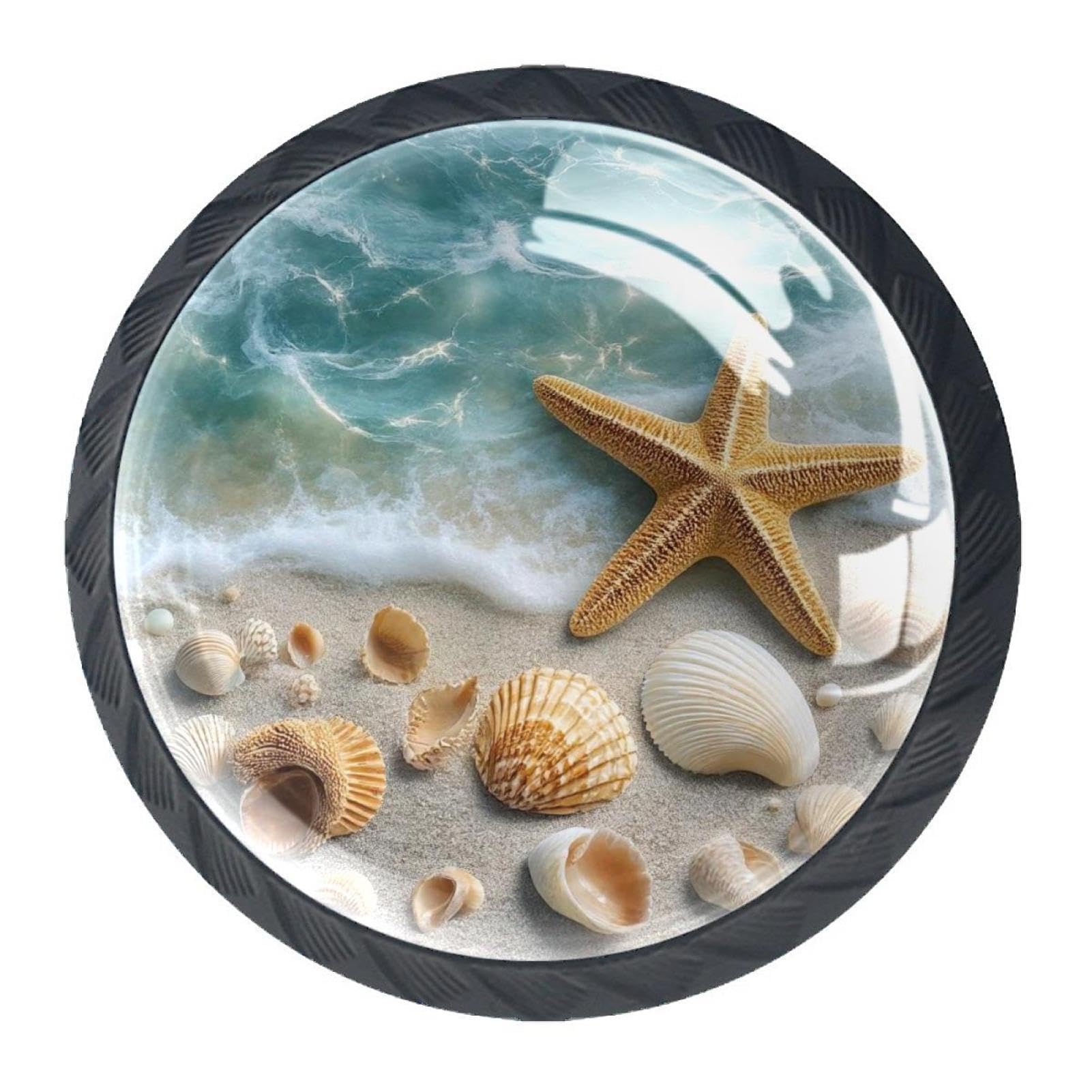 HEOEH 4 Pack Black Cabinet Knobs, Beach Starfish Shells Round Drawer Hardware for Dresser, Kitchen and Closet with Screws, Cupboard Wardrobe Bathroom Decor, 35mm — image 1