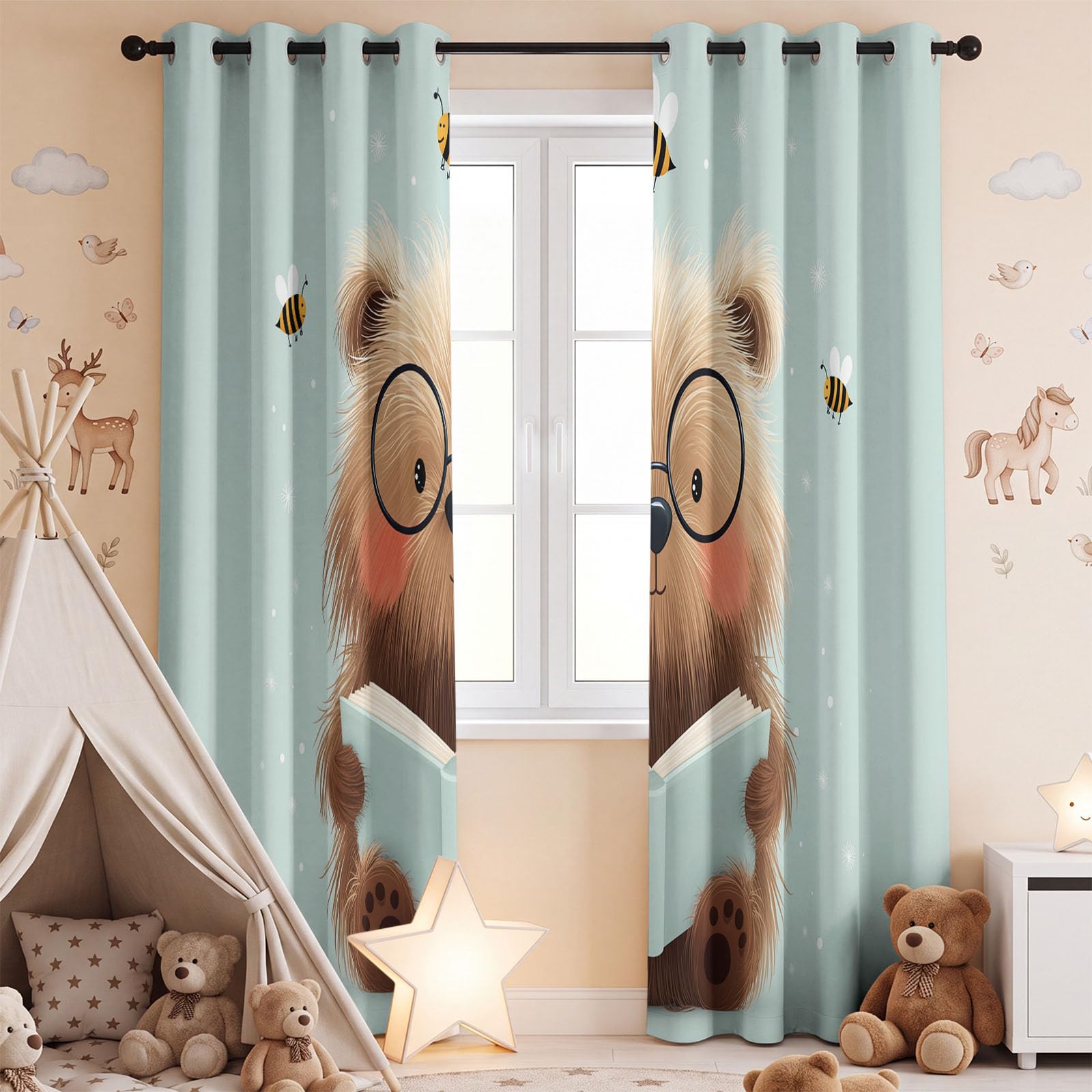 Generisch Tende oscuranti con animali, motivo: orsetto, protezione dal calore, 140 x 260 cm (larghezza x altezza), con occhielli, per soggiorno