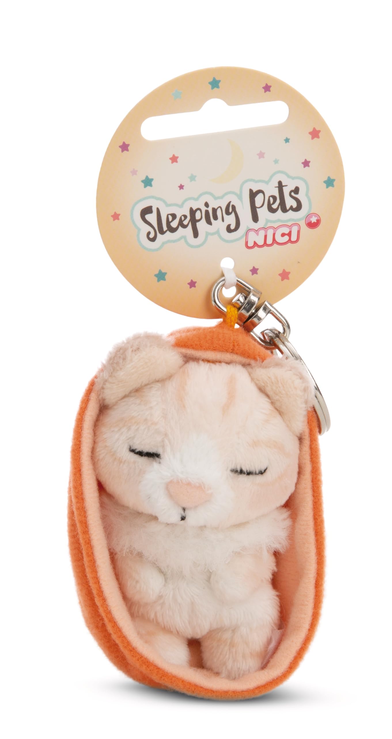 NICI Sleeping Pets Keyring, Cat in Basket Keyring, Beige, 8 cm, Loyal Companion for Backpack or Bag, Key Holder for Kids and Adults, 61607