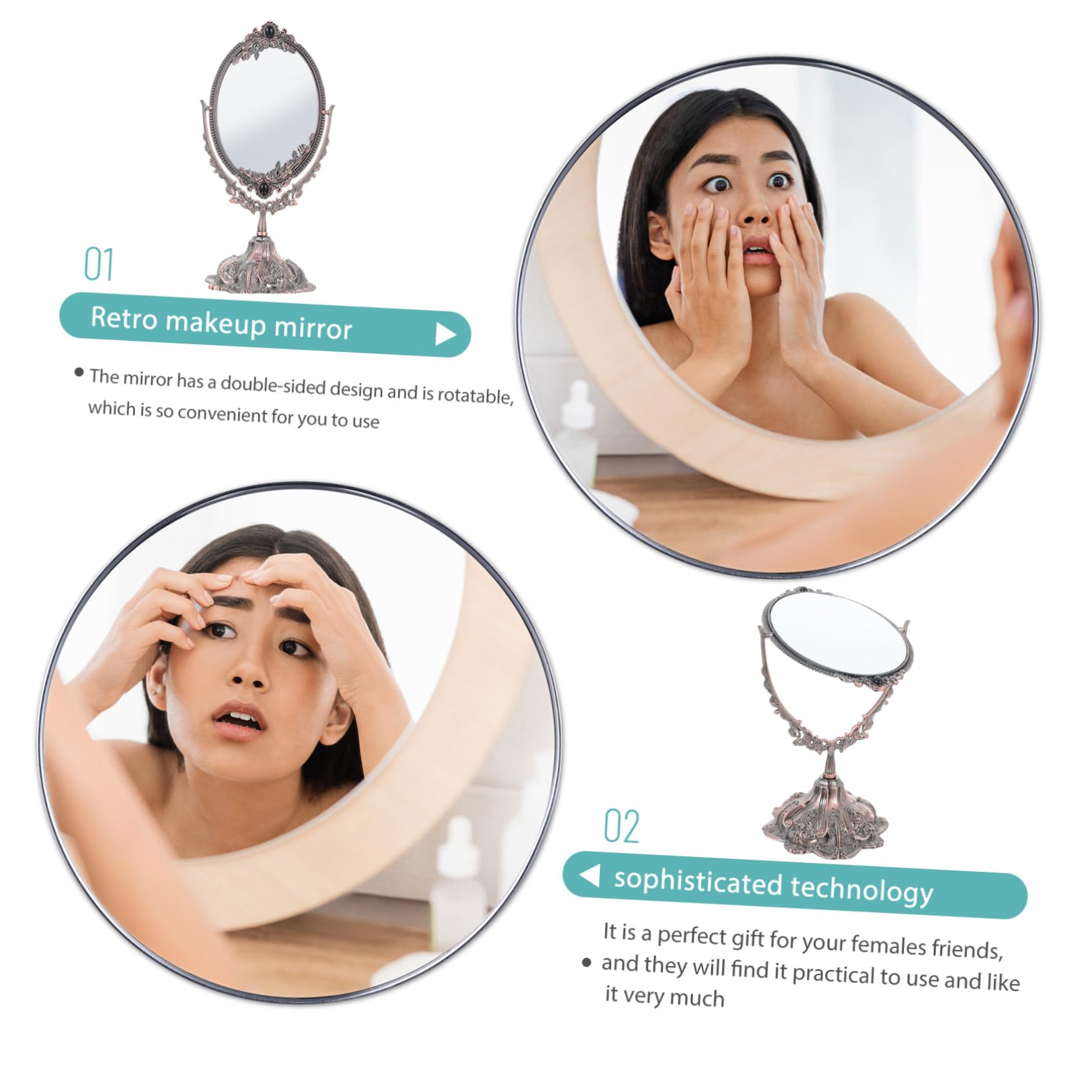 Doppelseitiger Tisch Kosmetikspiegel aus Zinklegierung im Europäischen Stil | Drehbar, Flacher Standfuß, Geeignet für Make Up und Hochzeit, Klare Spiegelung, Elegante Ausführung