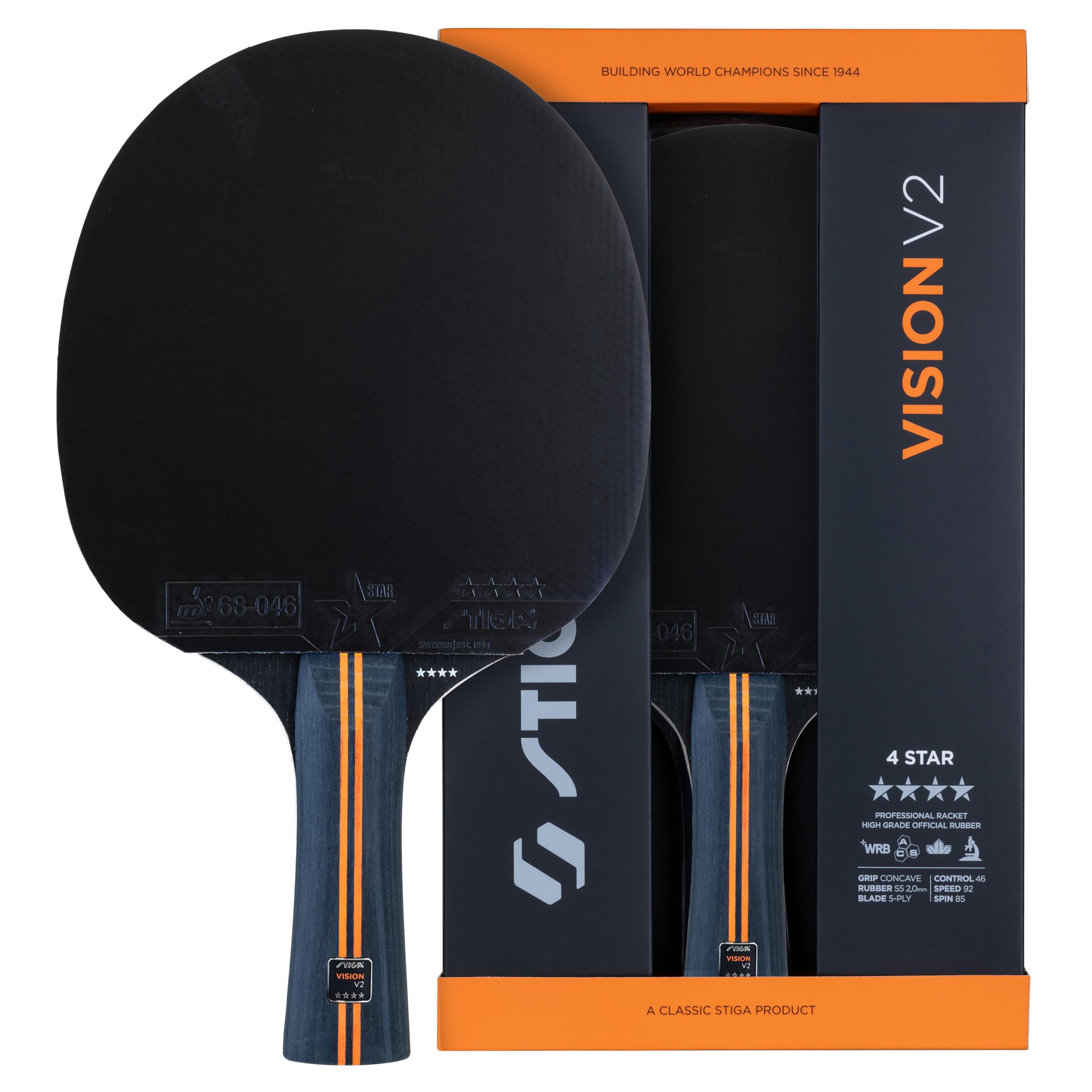 STIGA Vision V2 Racchetta da Ping Pong a 4 Stelle – Velocità e Controllo, Telaio 5 Strati, Impugnatura Concava, Crystal Tech, Gomma ITTF 2.0 mm