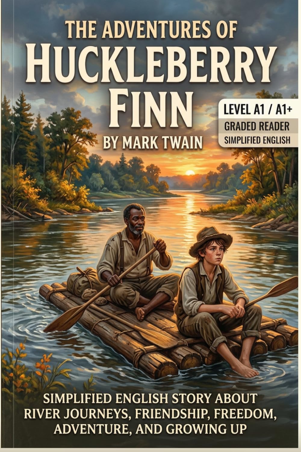 The Adventures of Huckleberry Finn by Mark Twain (Level A1/A1+): Simplified English Story About River Journeys, Friendship, Freedom, Adventure, and Growing Up