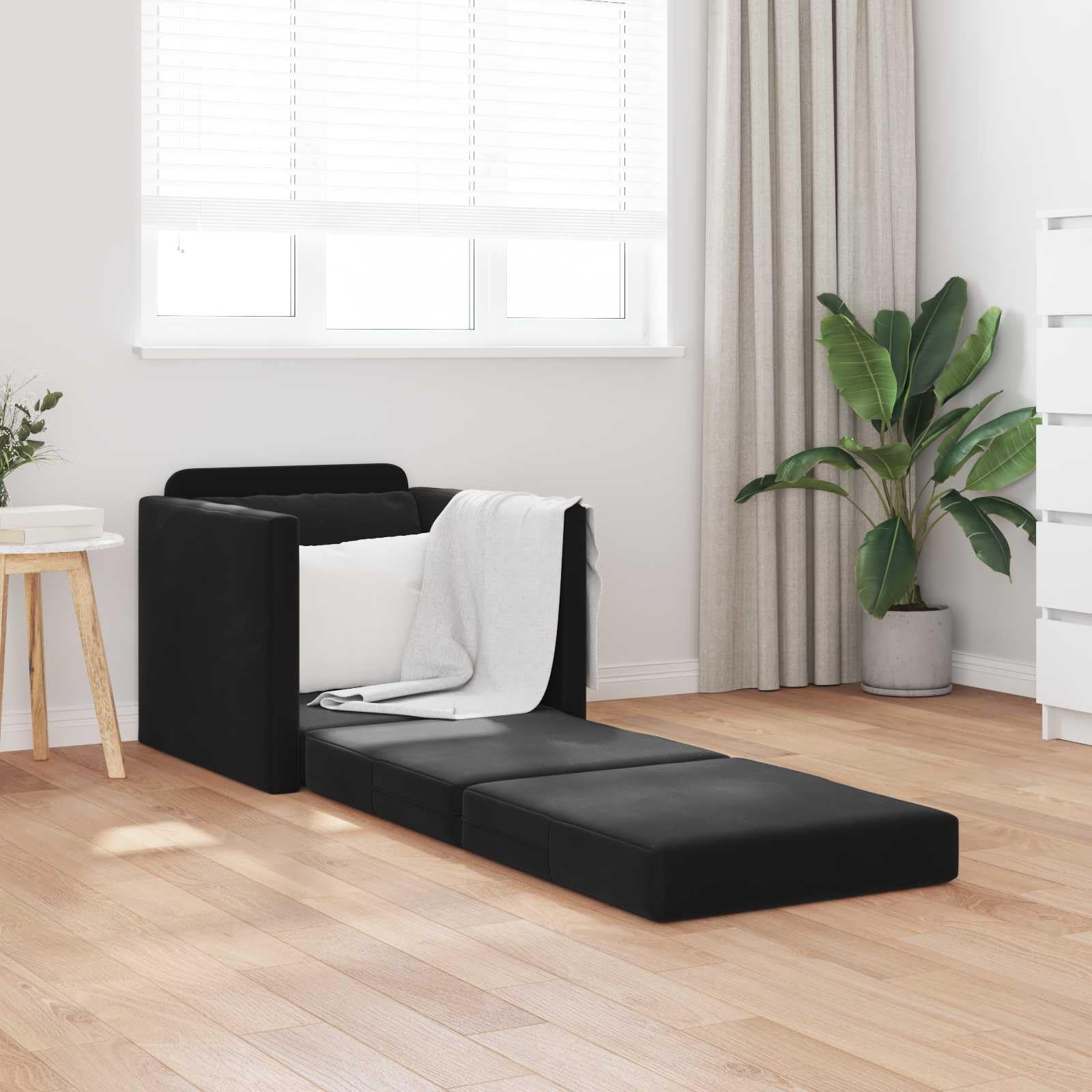 Schlafsofa tiefschwarz 74 x 77 x 81 cm Samtstoff, ausziehbar, mit Schlaffunktion, komfortabler Bettkasten raumsparendes Design ideal für Wohnzimmer Gastzimmer beziehungsweise Jugendbereich